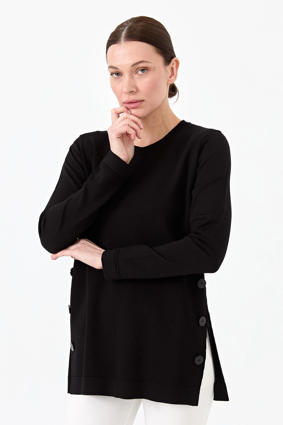 Kadın Sıfır Yaka Yanı Düğmeli Triko Bluz 23355