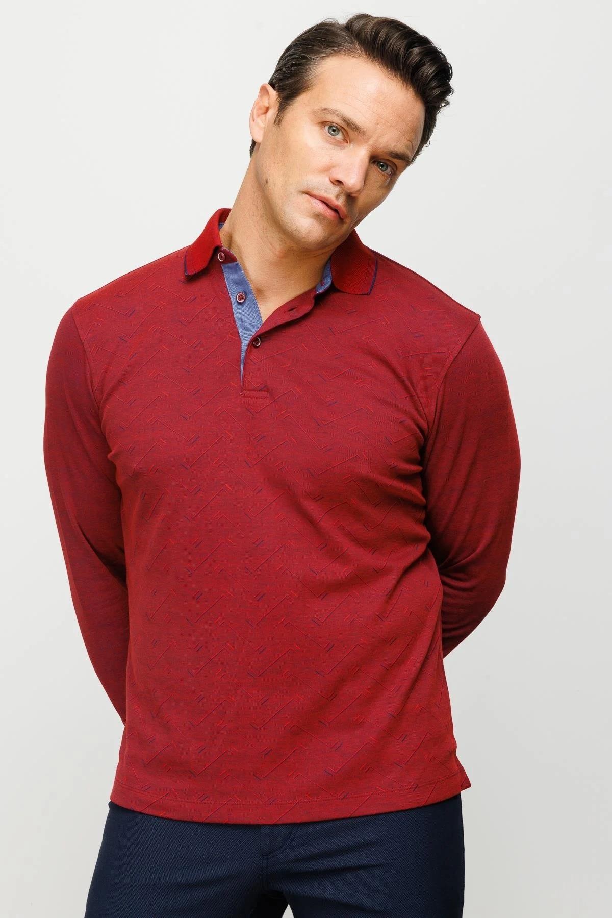 Erkek Polo Yaka Desenli Uzun Kollu Sweatshirt MTA 705 - BORDO