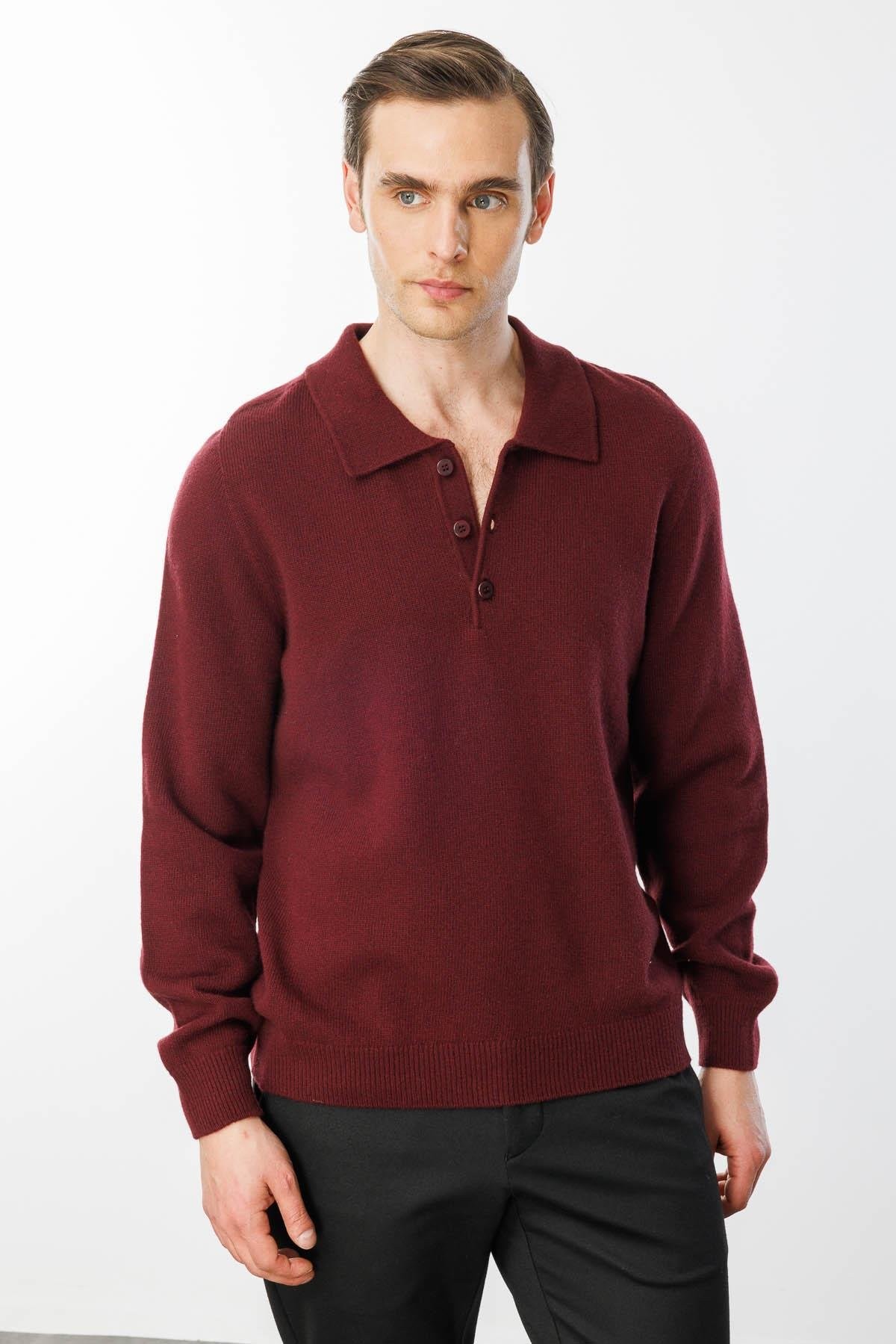 Erkek Polo Yaka Basic Yün Kazak 23528 - BORDO