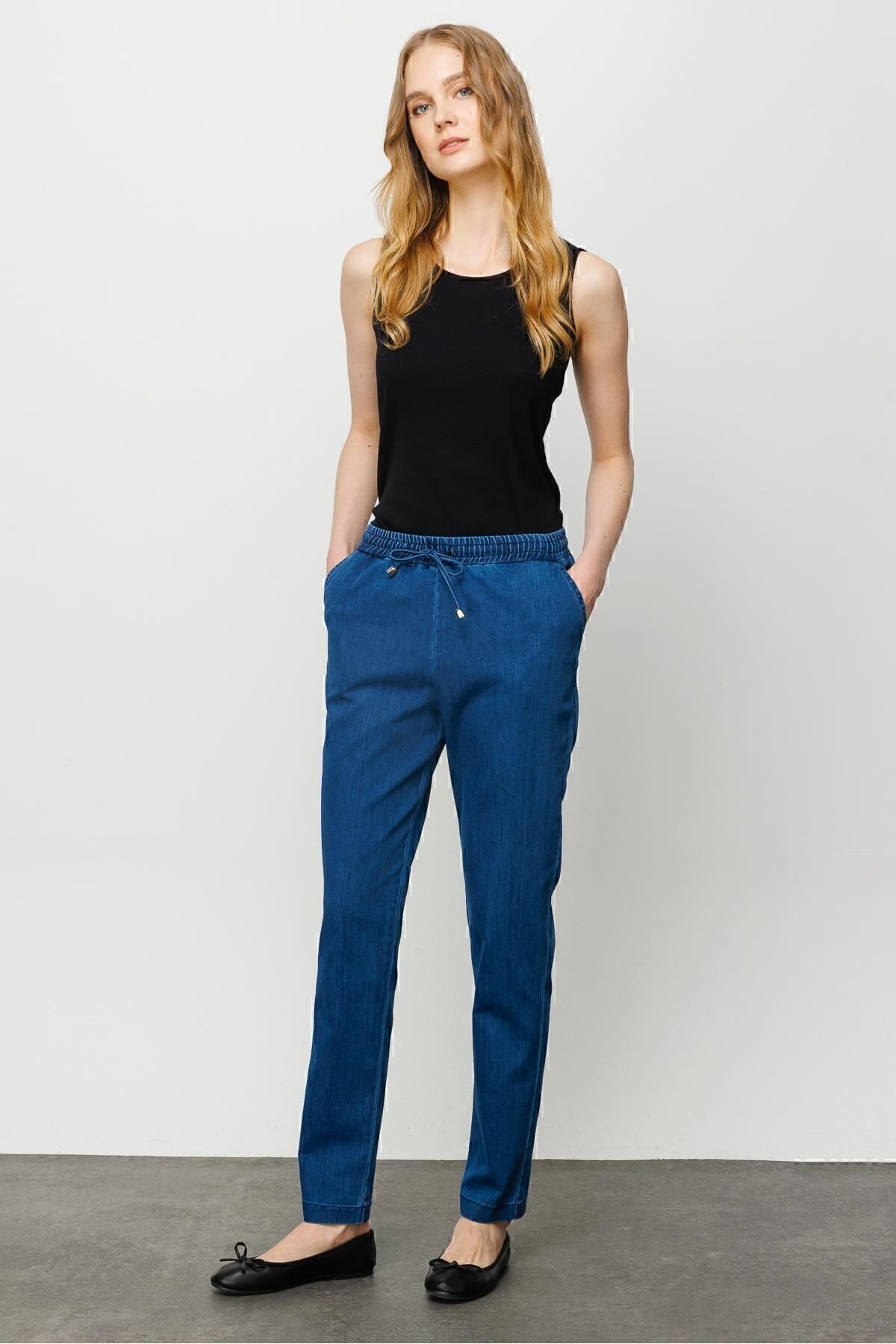 Kadın Beli Bağcıklı Lastikli Jean Pantolon Mavi 23903