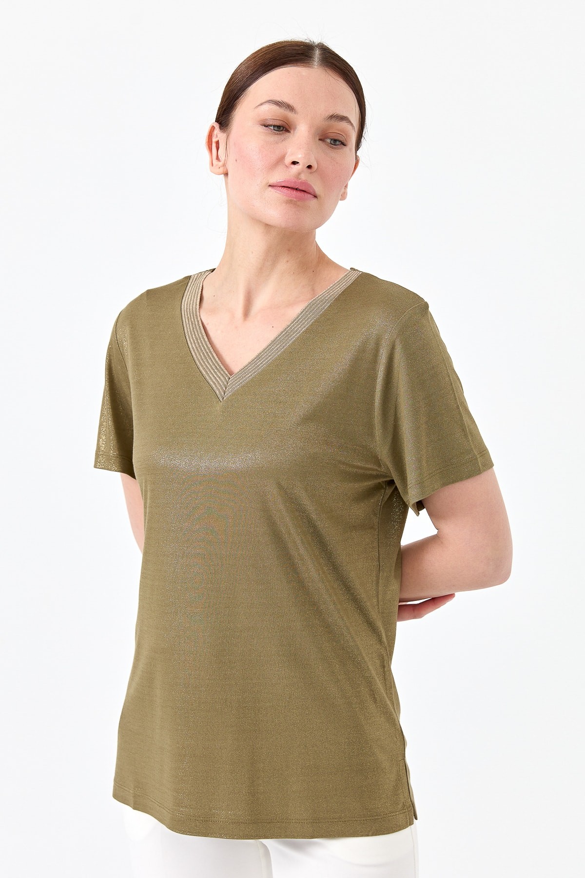 Kadın V Yaka Çizgili Penye T-shirt 23453
