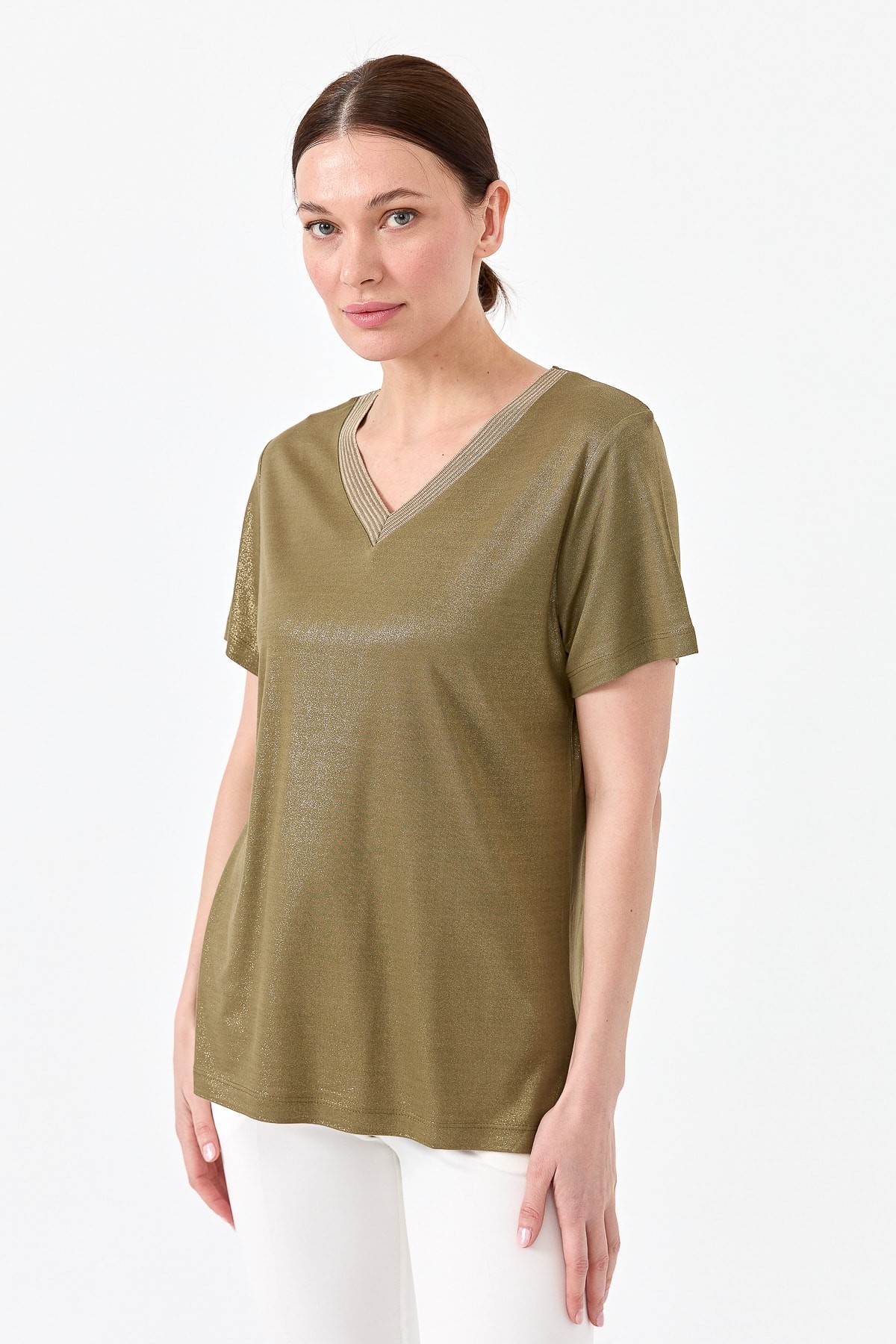 Kadın V Yaka Çizgili Penye T-shirt 23453