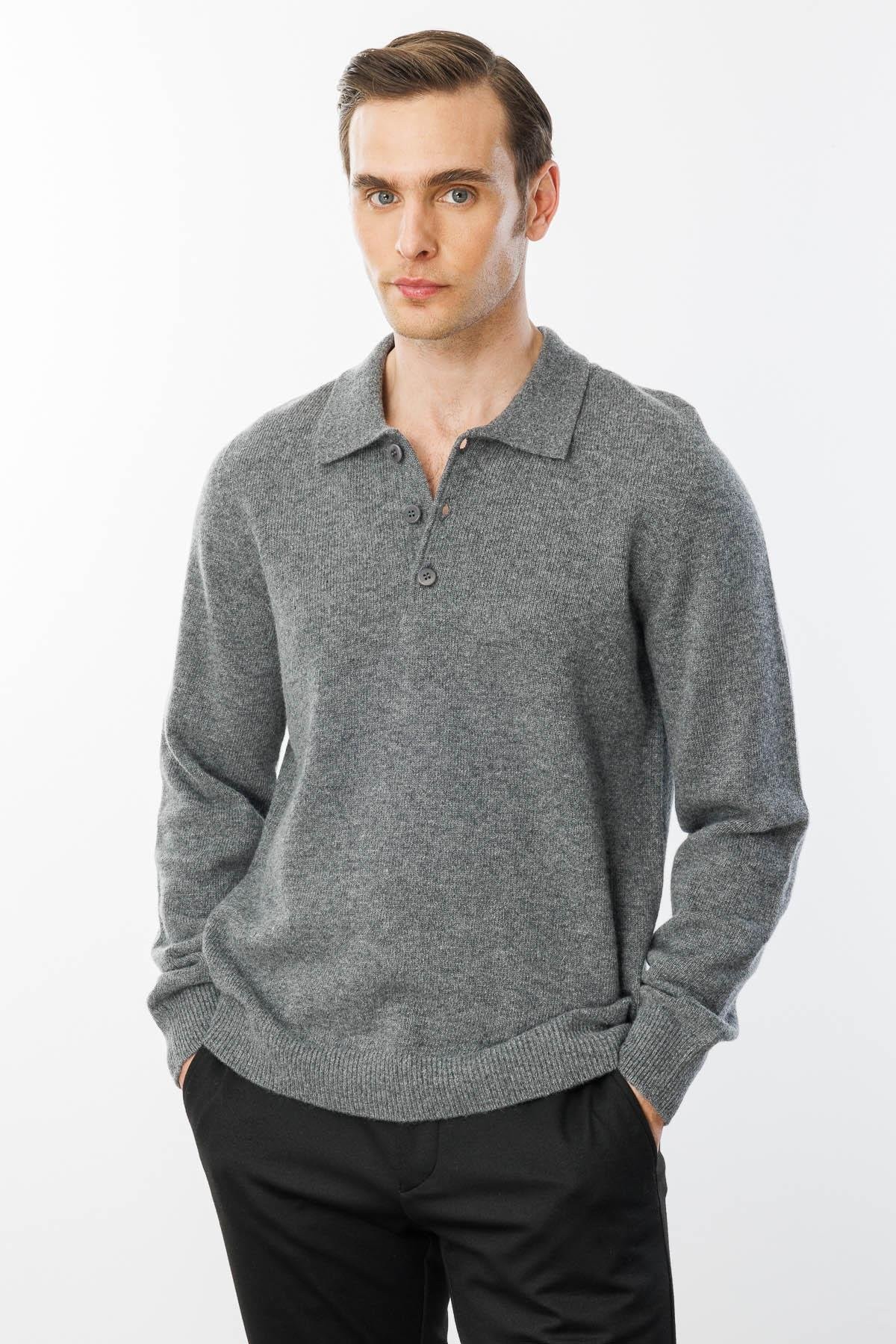 Erkek Polo Yaka Basic Yün Kazak 23528 - FÜME