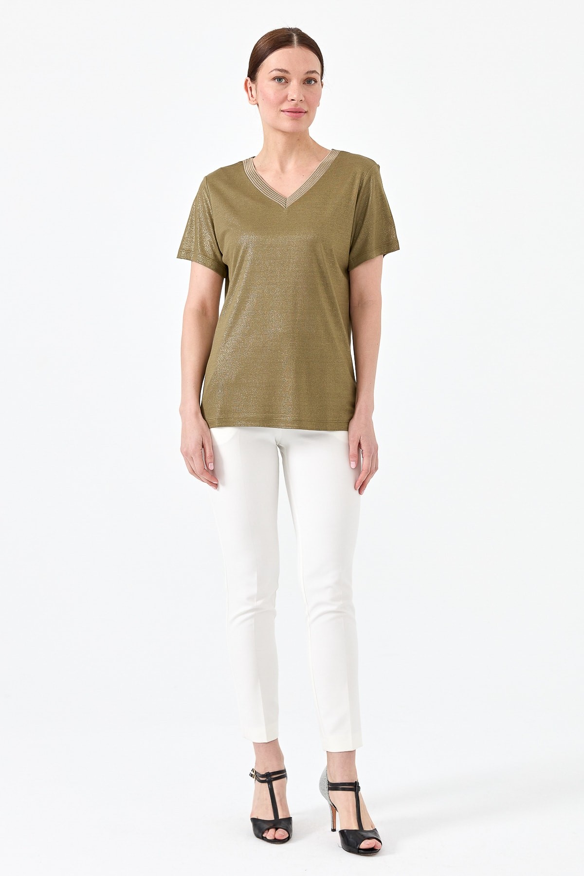 Kadın V Yaka Çizgili Penye T-shirt 23453