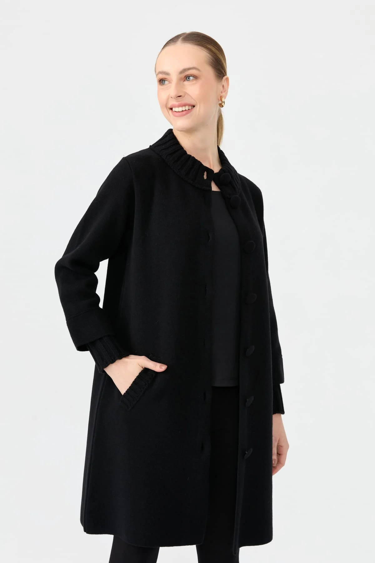 Kadın Dik Yaka Basic Uzun Yün Kaban 24045