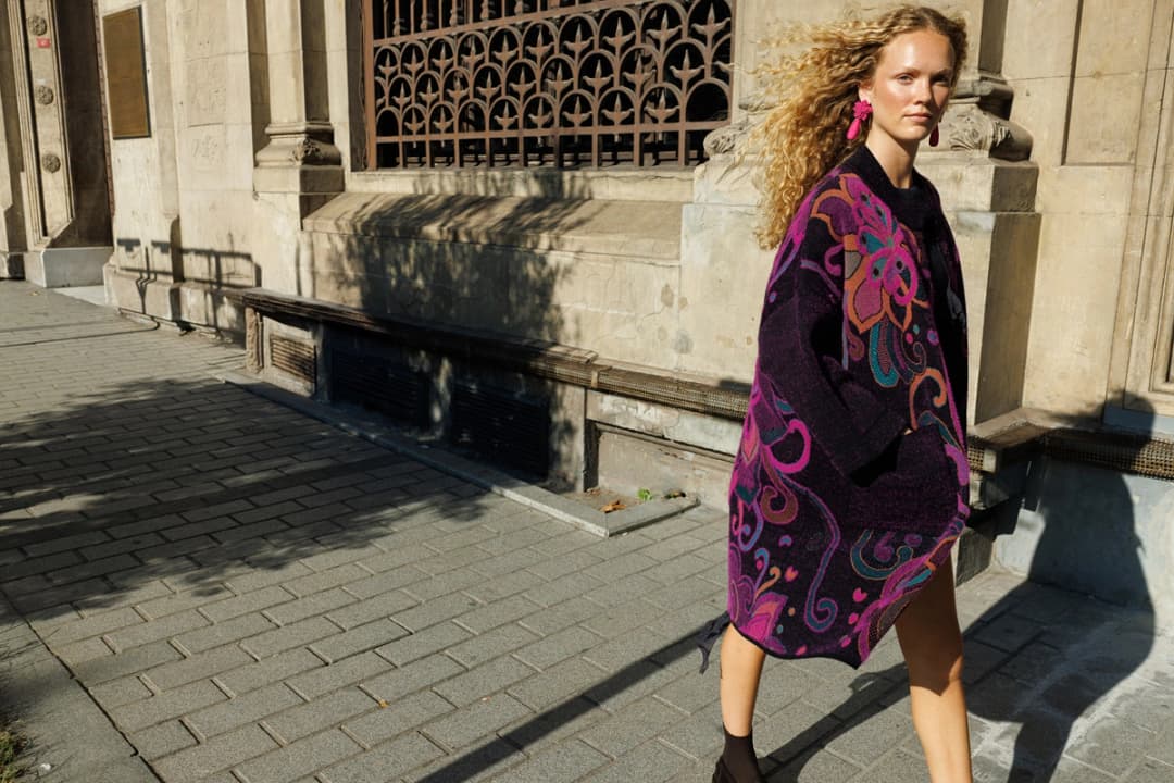 Woolmark Sertifikalı Mor Desenli Kadın Yün Triko Modeli