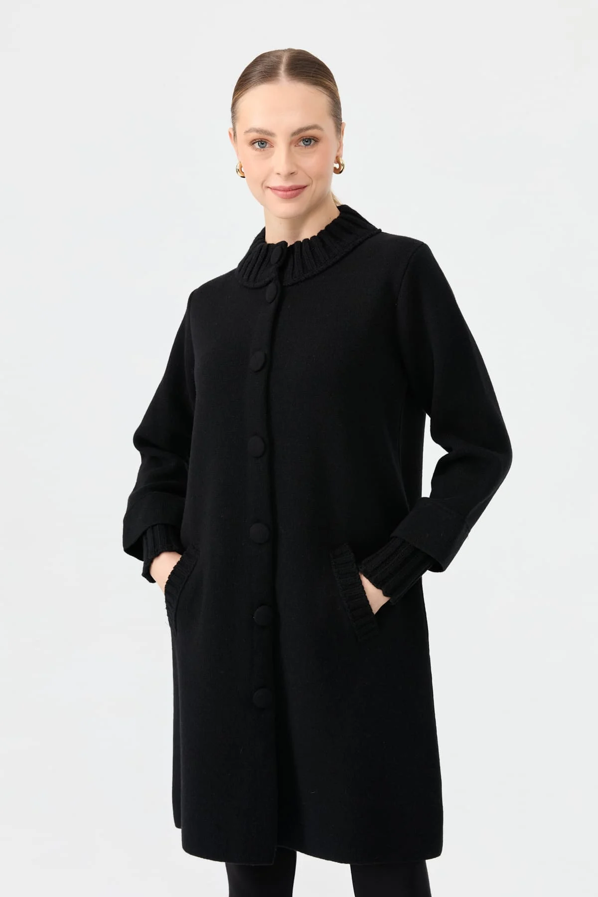 Kadın Dik Yaka Basic Uzun Yün Kaban 24045