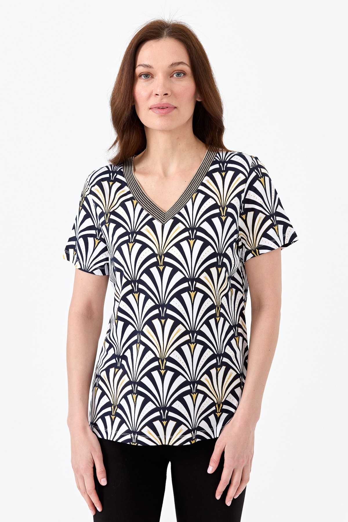 Kadın V Yaka Yelpaze Desenli Penye T-shirt 23468