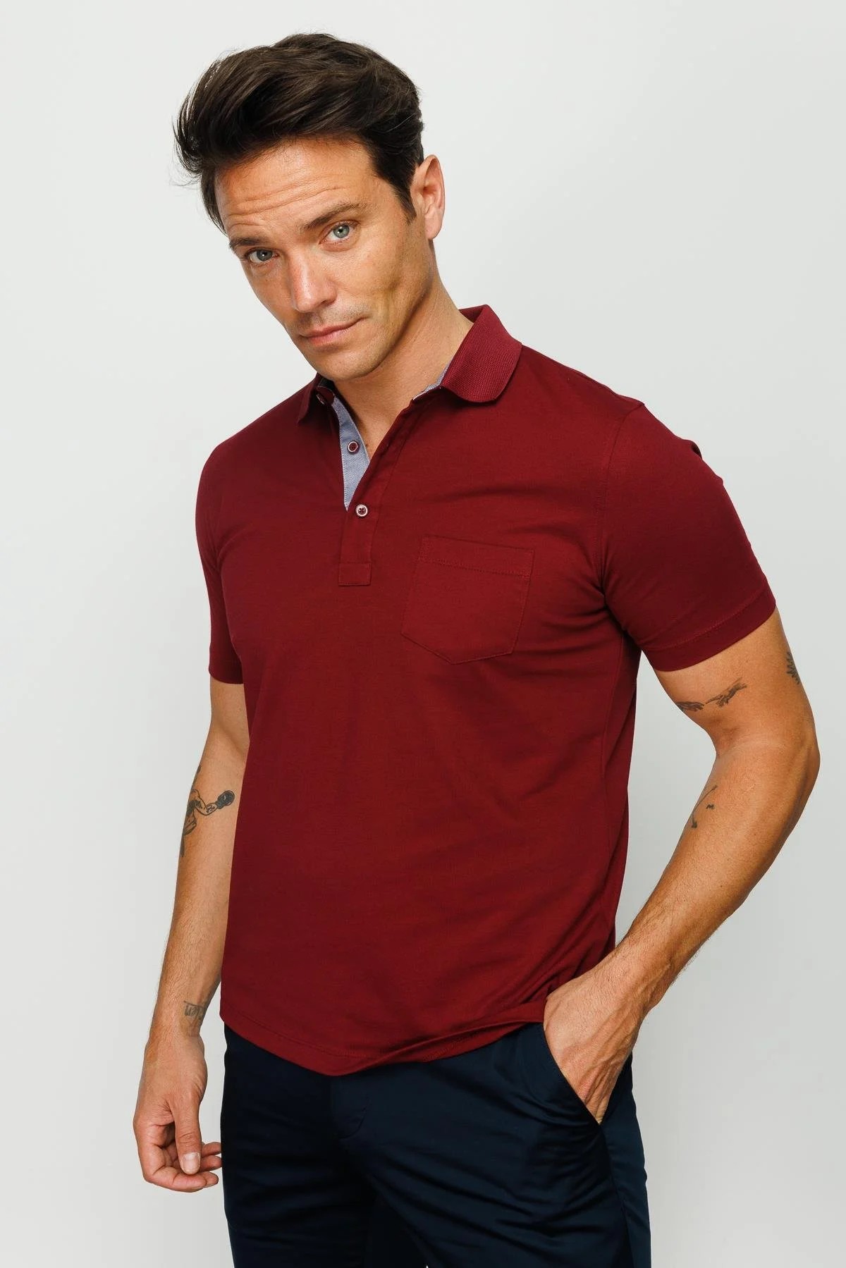 Erkek Polo Yaka Düğmeli Cepli T-shirt 201  - BORDO