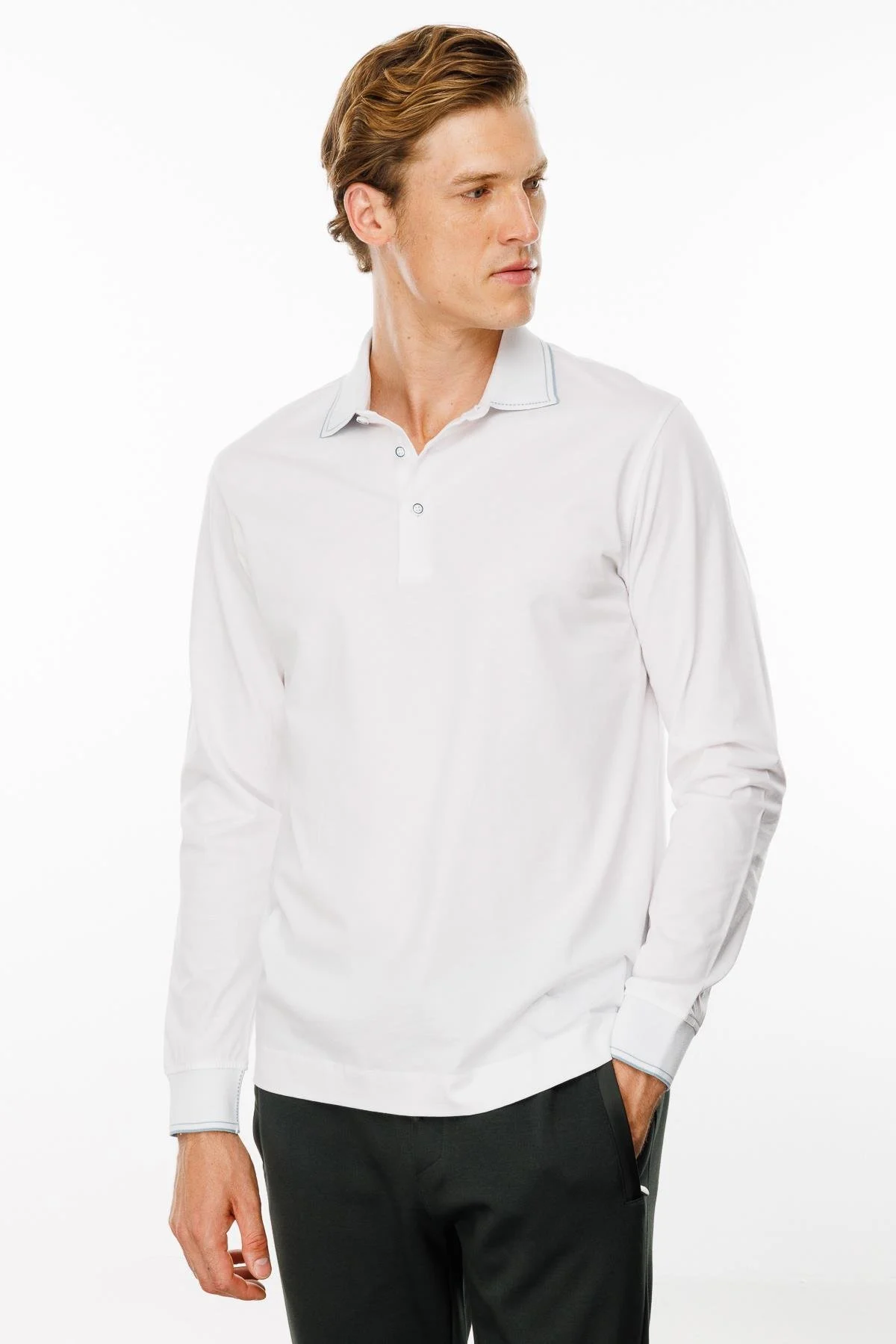 Erkek Polo Yaka Uzun Kollu Sweatshirt MTA13 - Beyaz