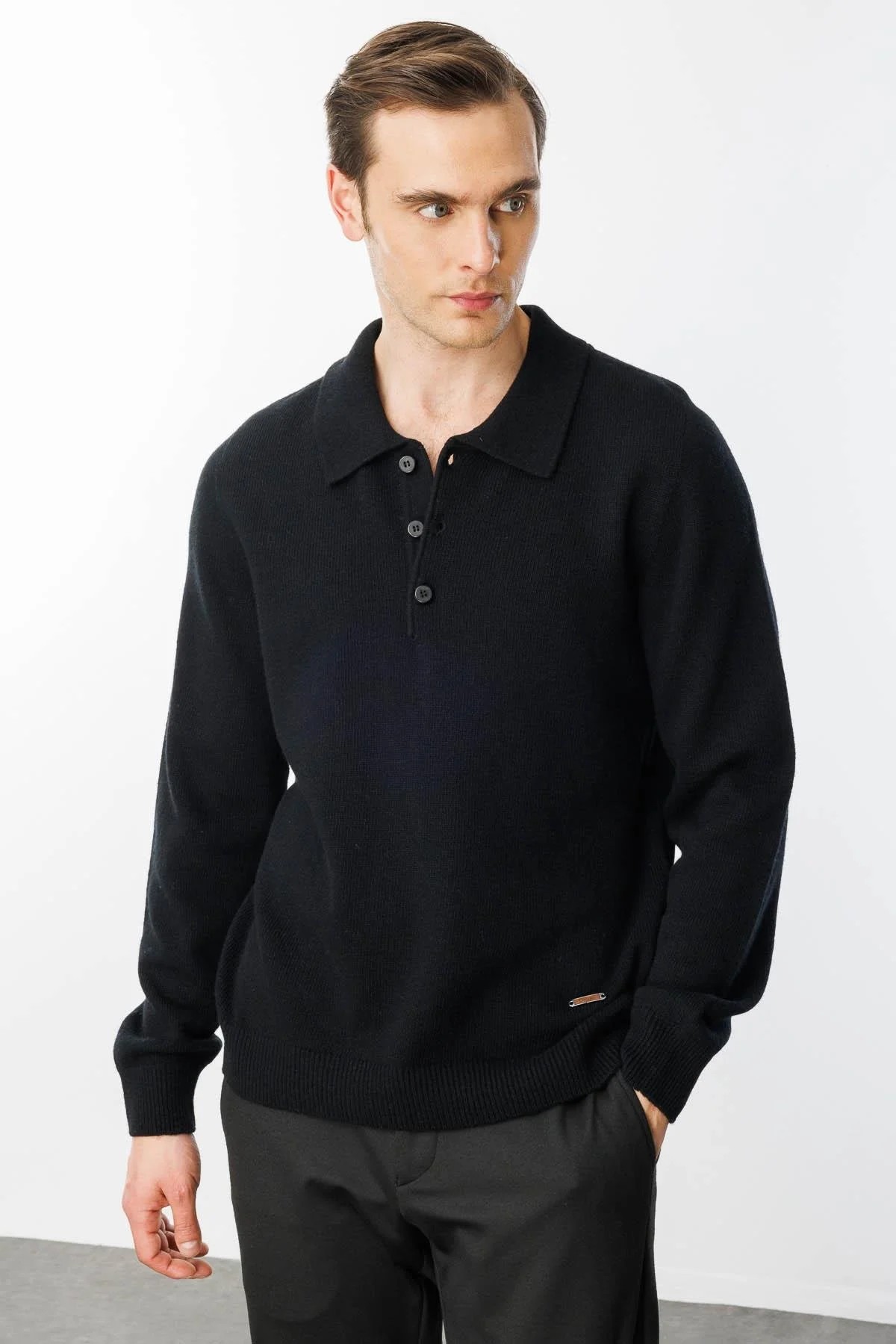 Erkek Polo Yaka Basic Yün Kazak 23528 - Siyah