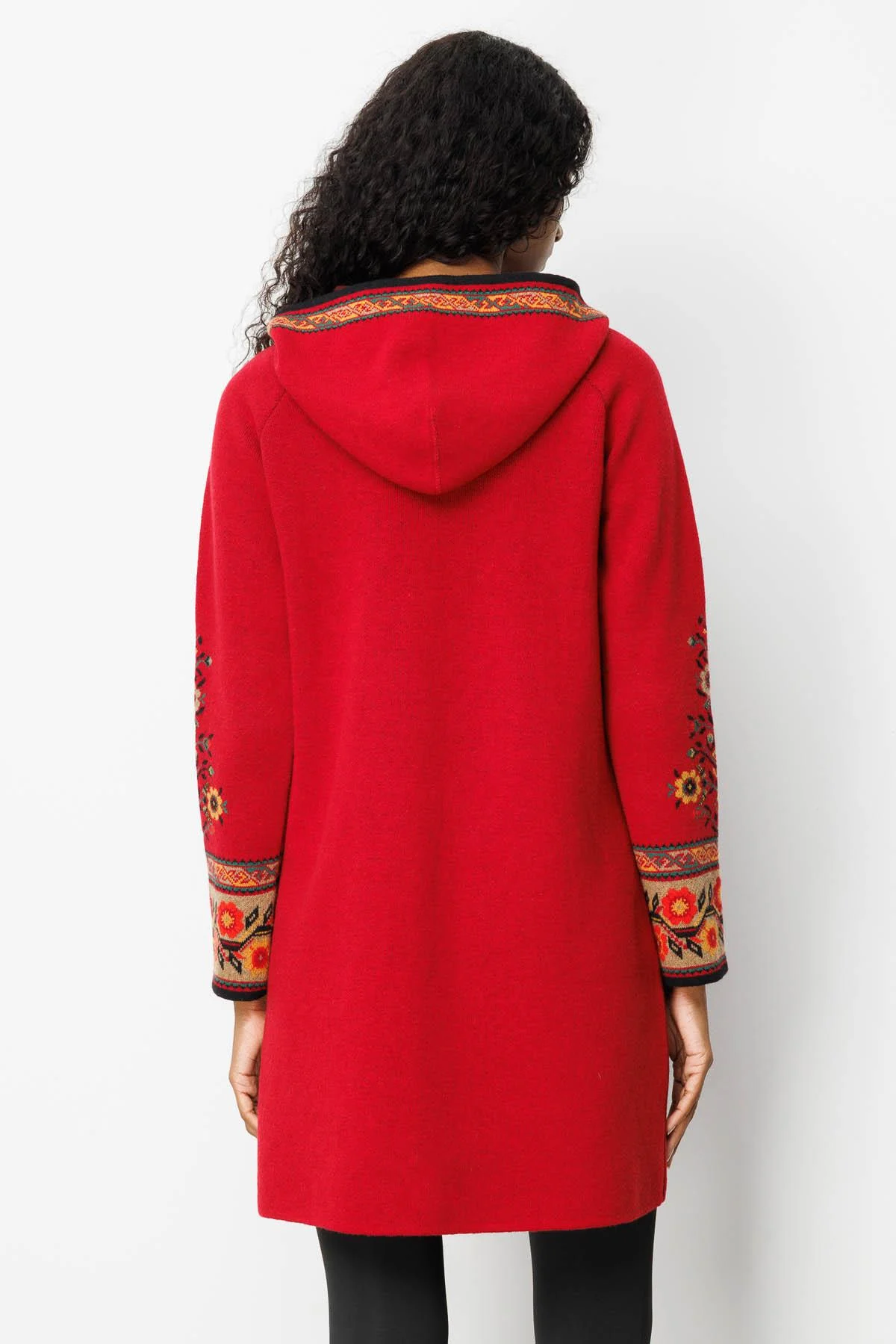 Kadın Kapüşonlu Kilim Jakarlı Püsküllü Yün Kaban 25056