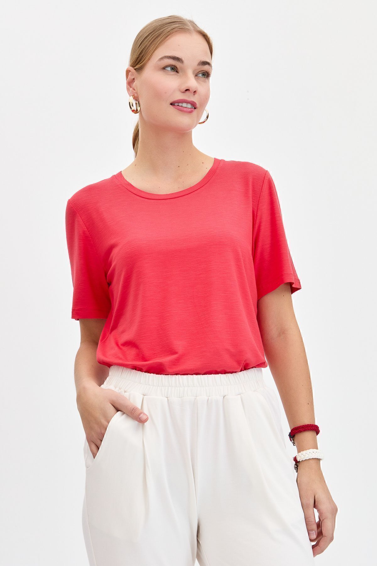 Kadın Sıfır Yaka Flamlı Kumaş Penye Tshirt 24084