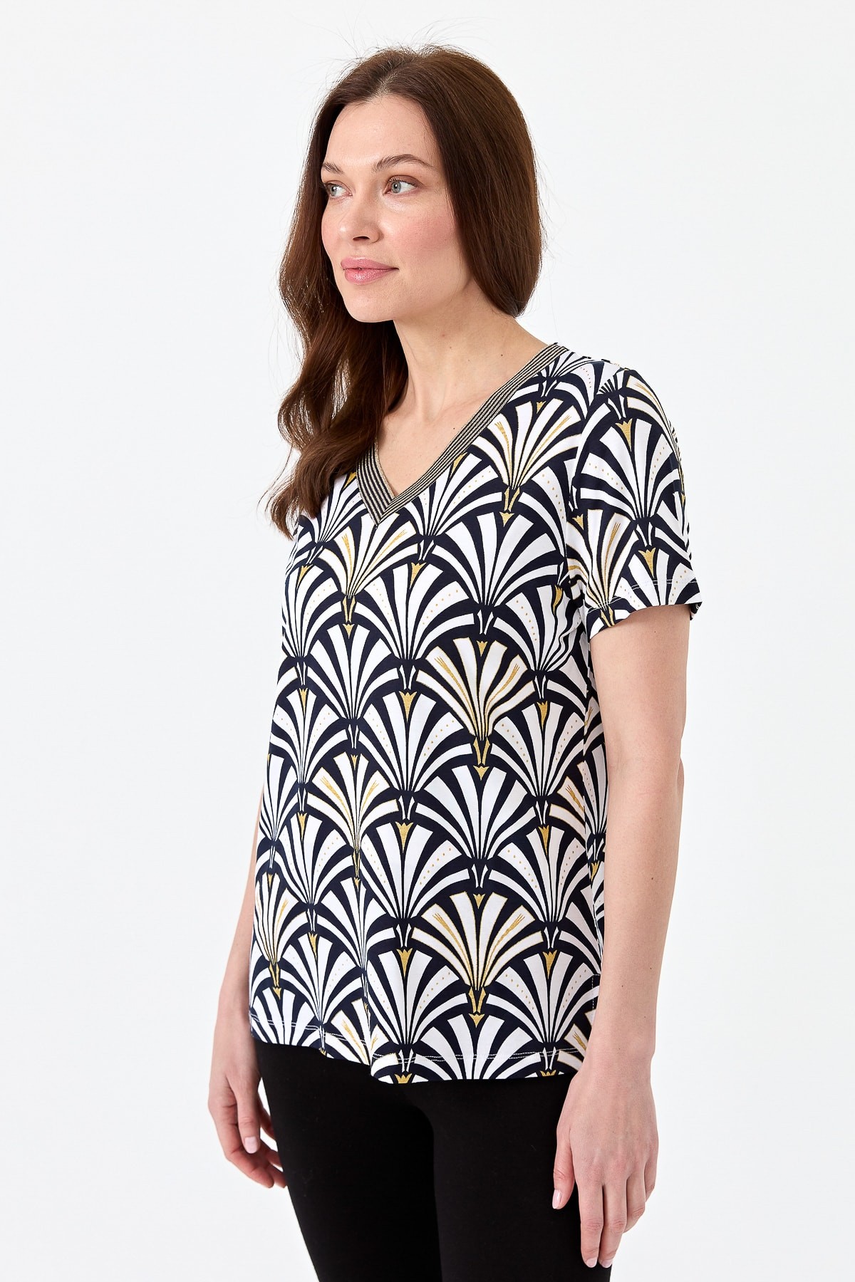 Kadın V Yaka Yelpaze Desenli Penye T-shirt 23468