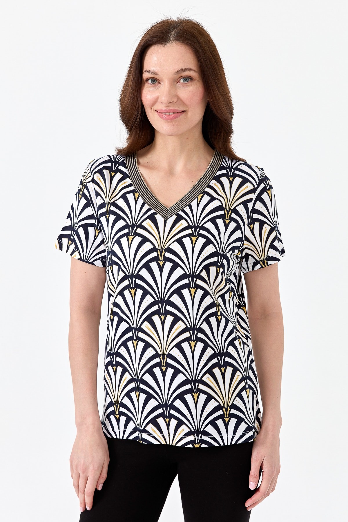 Kadın V Yaka Yelpaze Desenli Penye T-shirt 23468