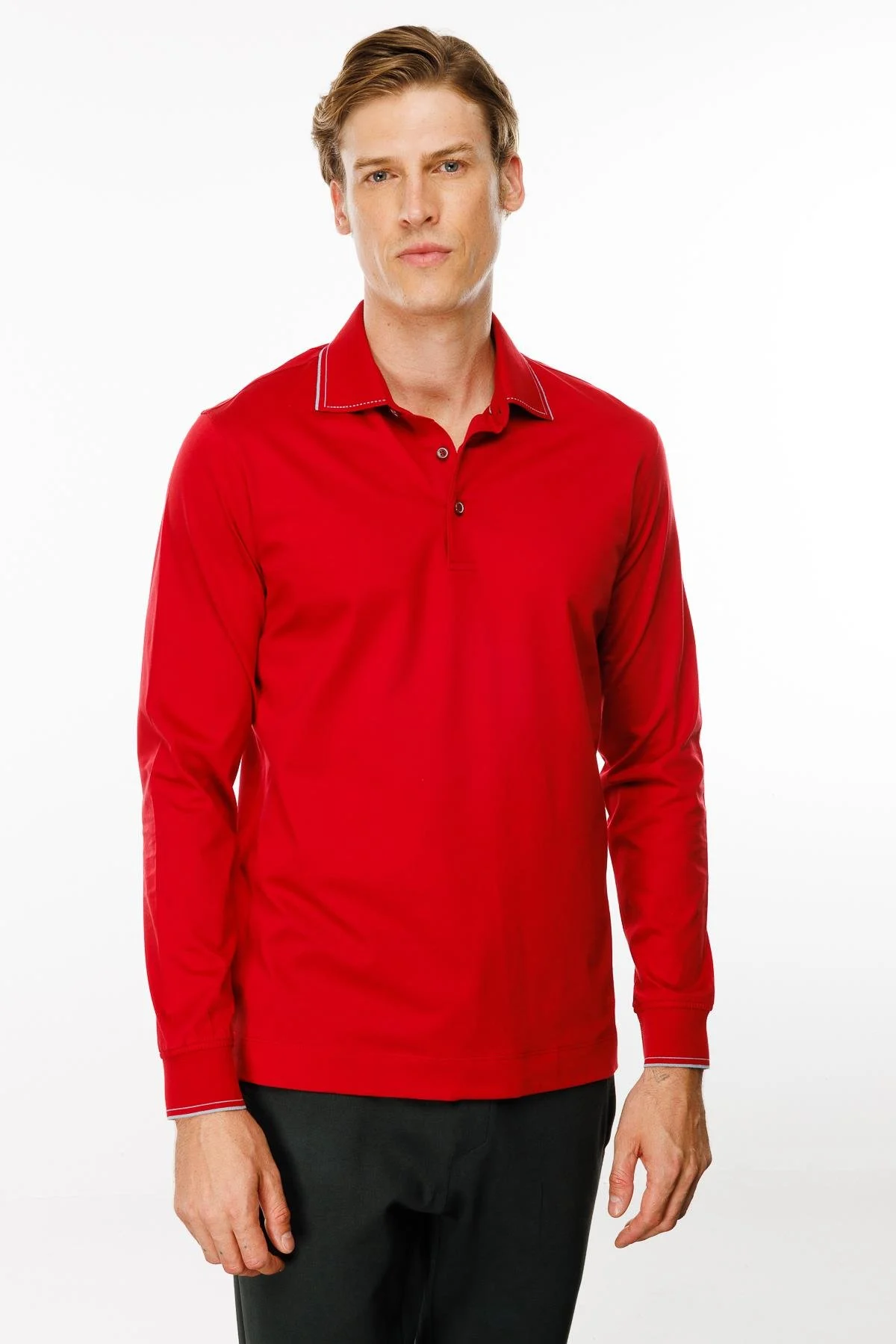 Erkek Polo Yaka Uzun Kollu Sweatshirt MTA13 - kırmızı