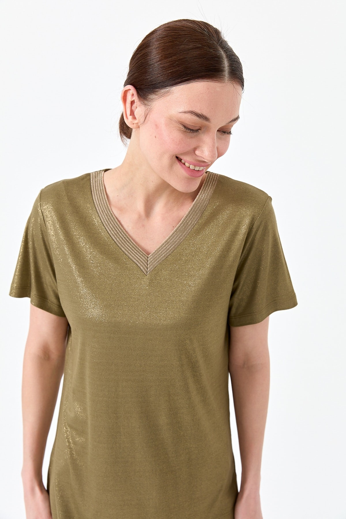 Kadın V Yaka Çizgili Penye T-shirt 23453