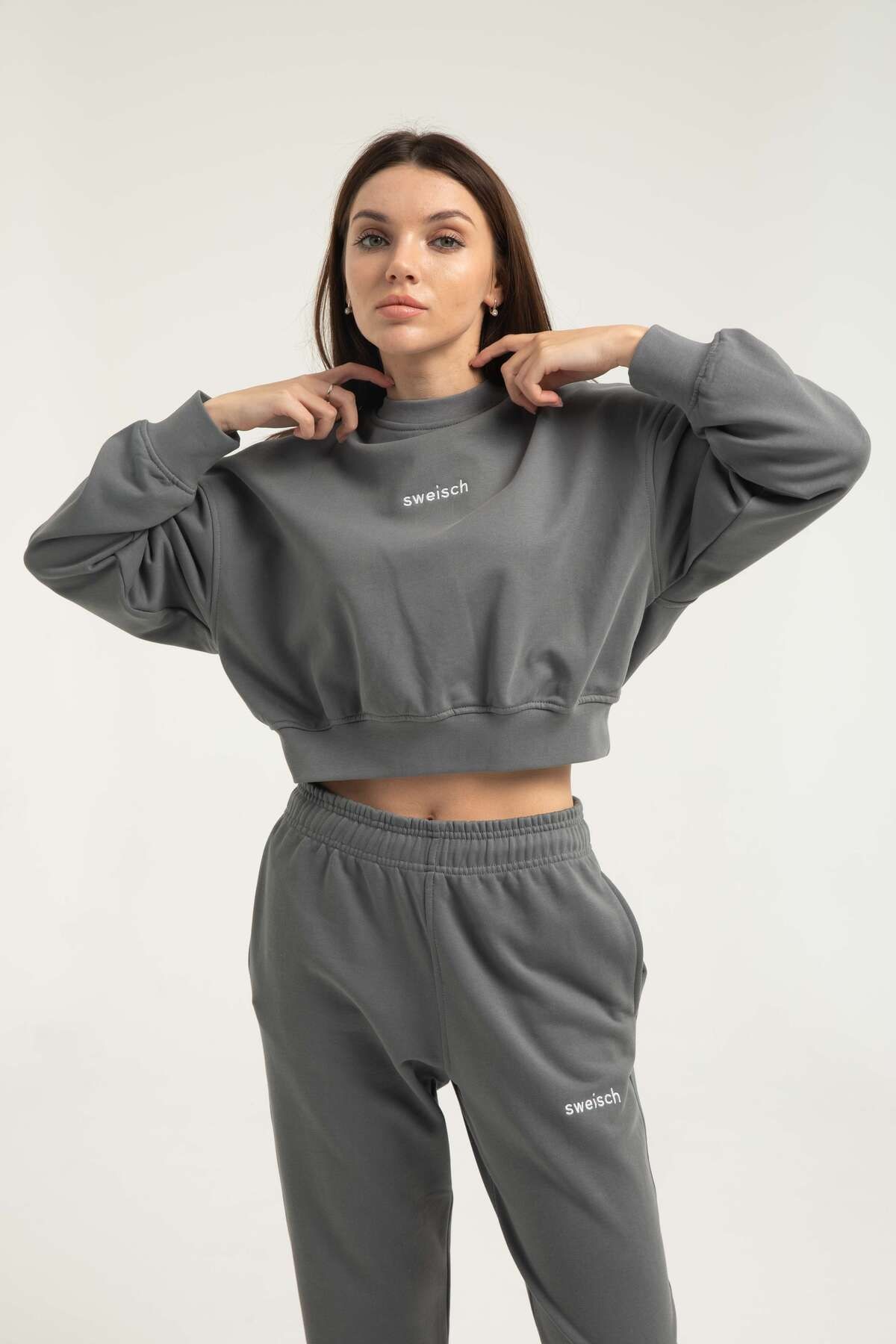 Kadın Crop Sweatshirt - Antrasit