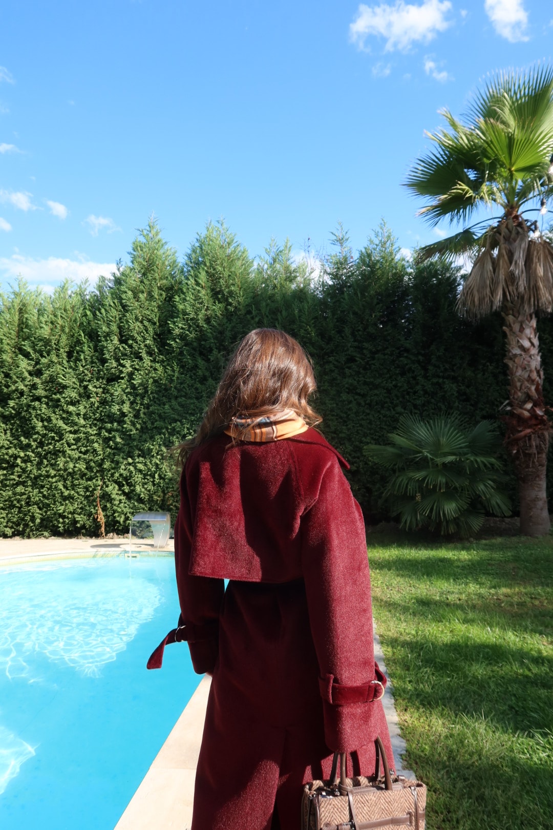 Bordo Premium Kendinden Kemerli Kaban
