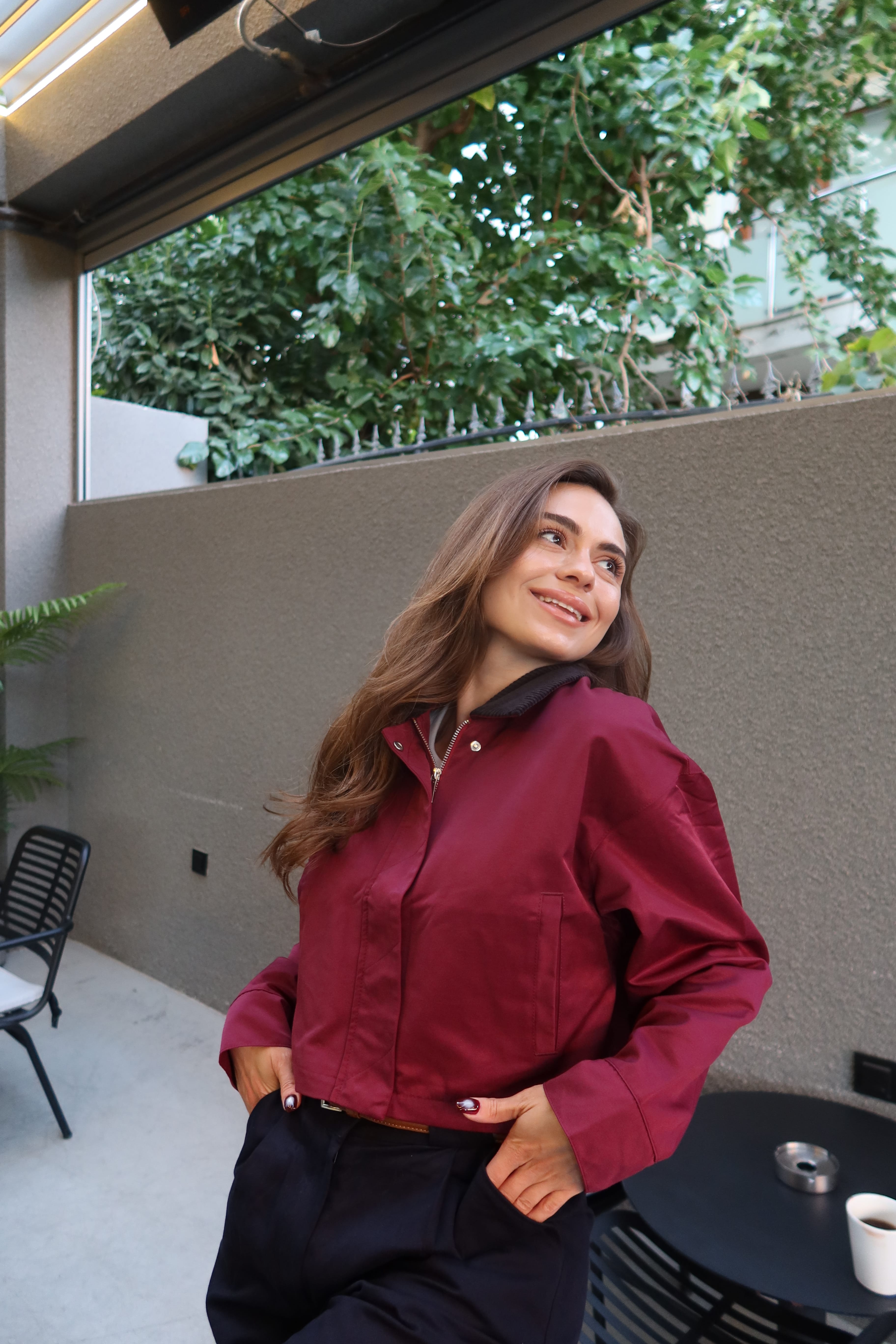 Kadife Yaka Crop Trençkot - Bordo