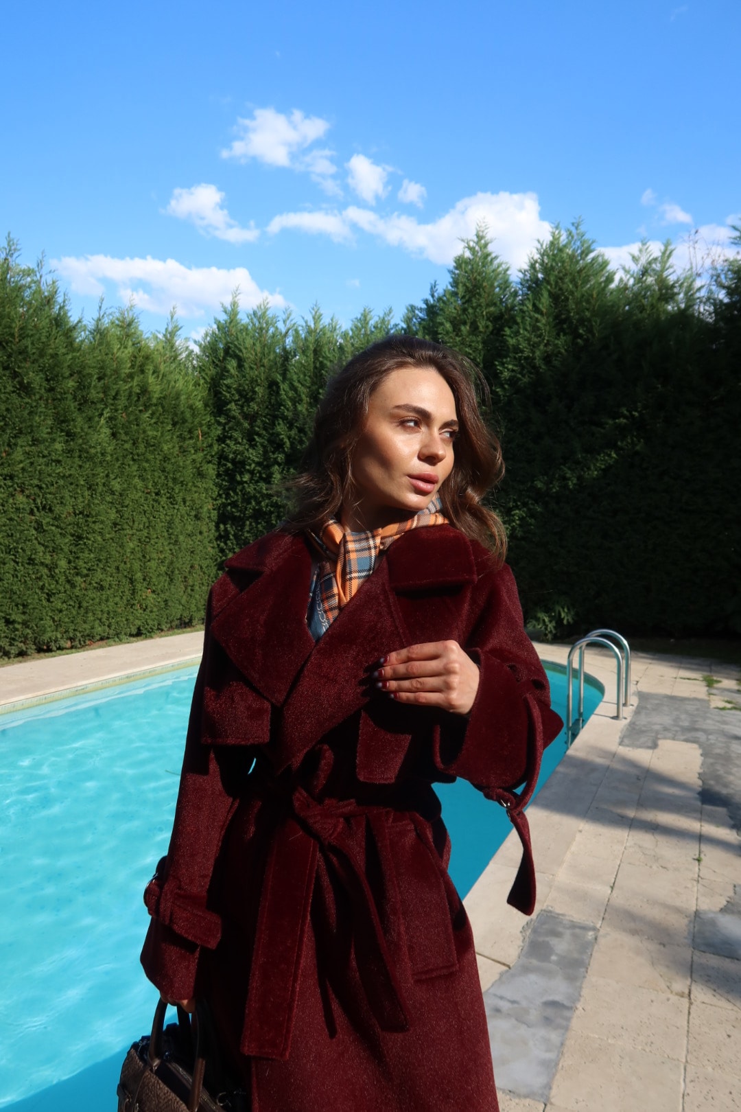 Bordo Premium Kendinden Kemerli Kaban