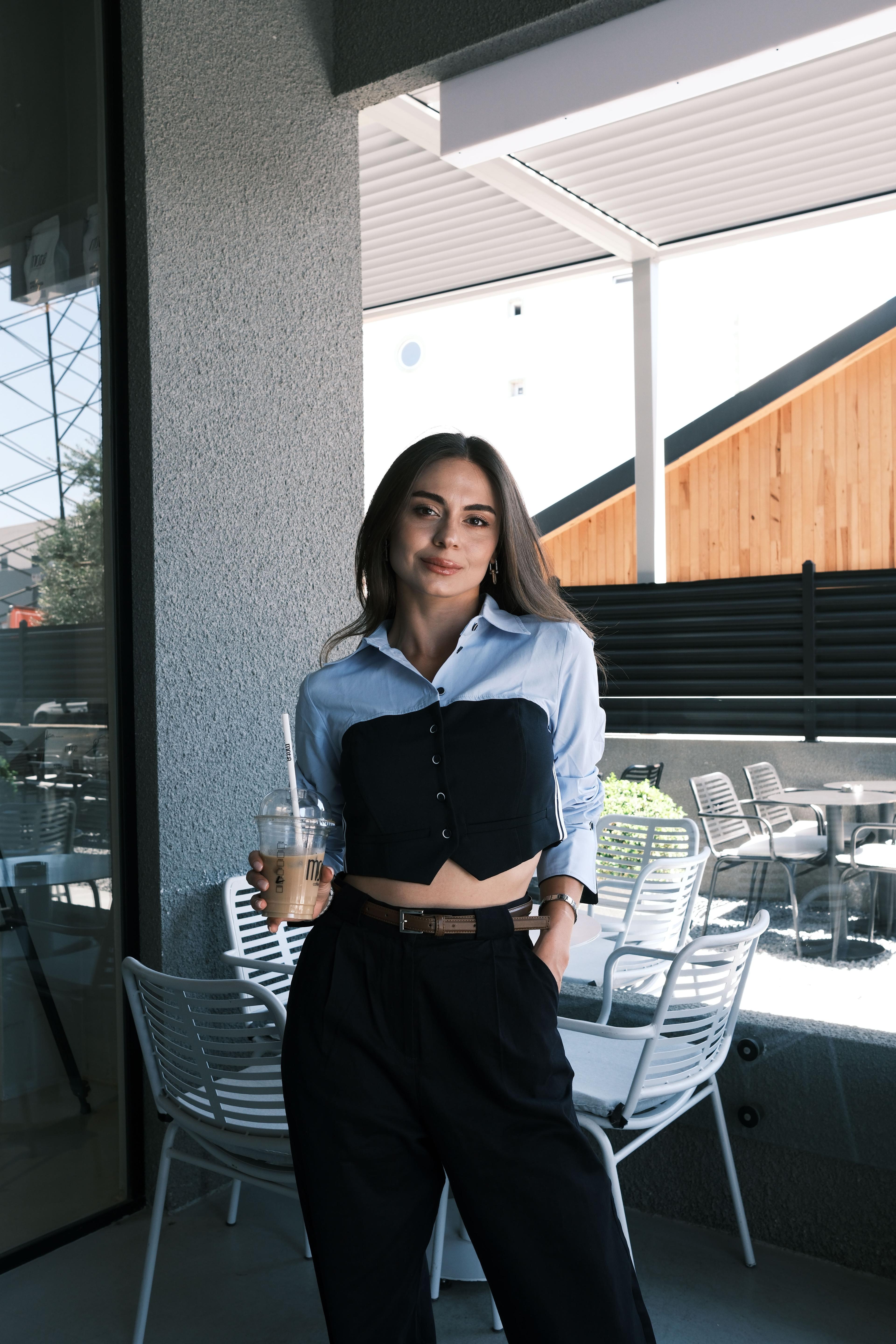 Lacivert Yelek Detaylı Crop Gömlek