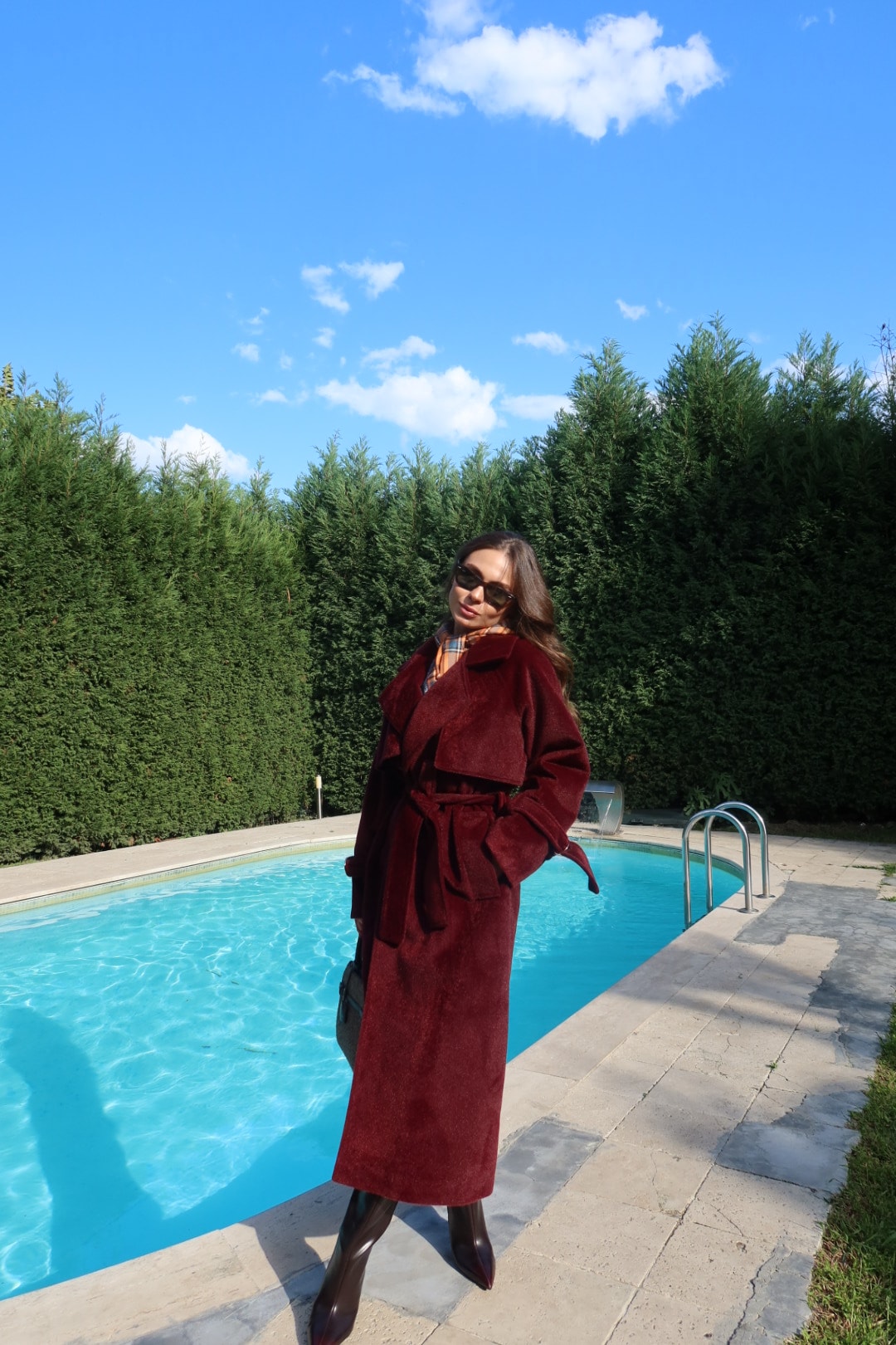 Bordo Premium Kendinden Kemerli Kaban