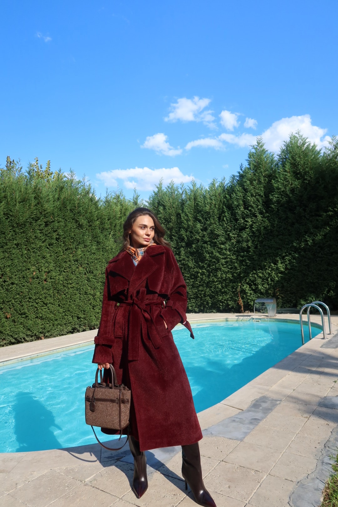Bordo Premium Kendinden Kemerli Kaban
