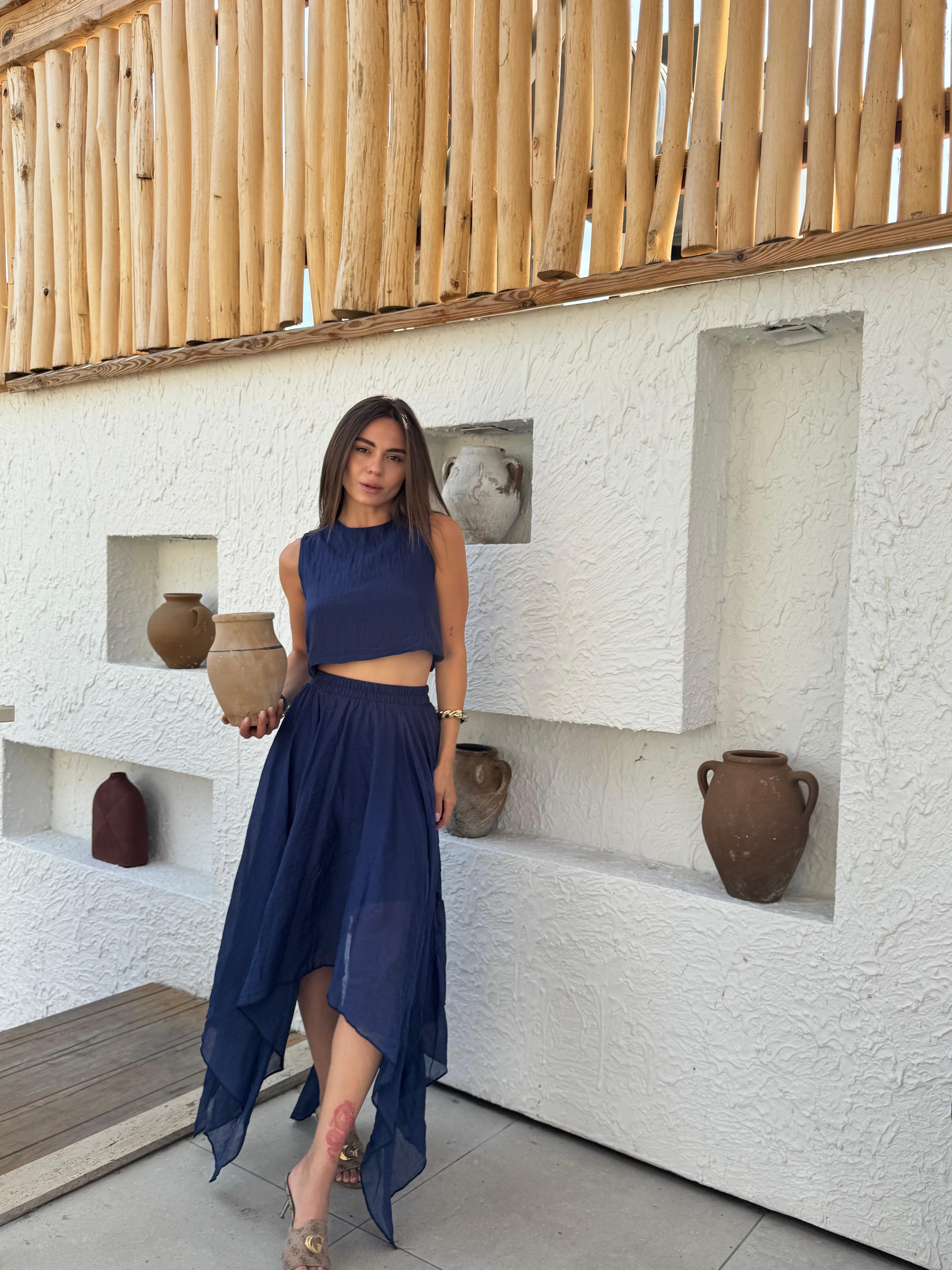 Lacivert Şifon Crop Bluz