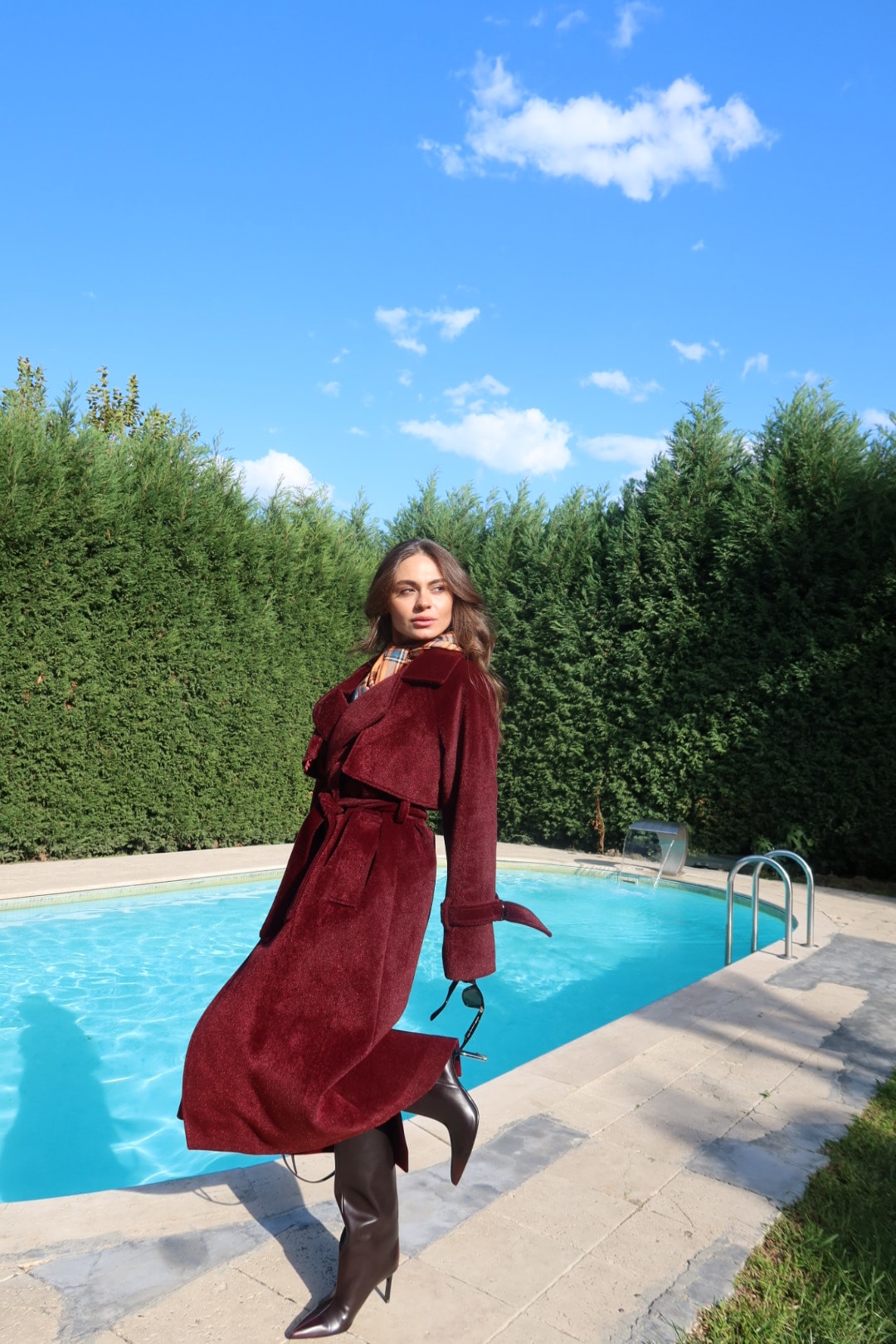 Bordo Premium Kendinden Kemerli Kaban