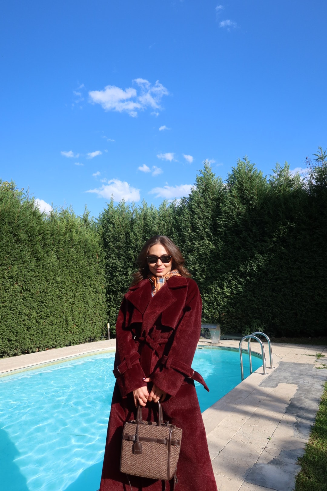 Bordo Premium Kendinden Kemerli Kaban