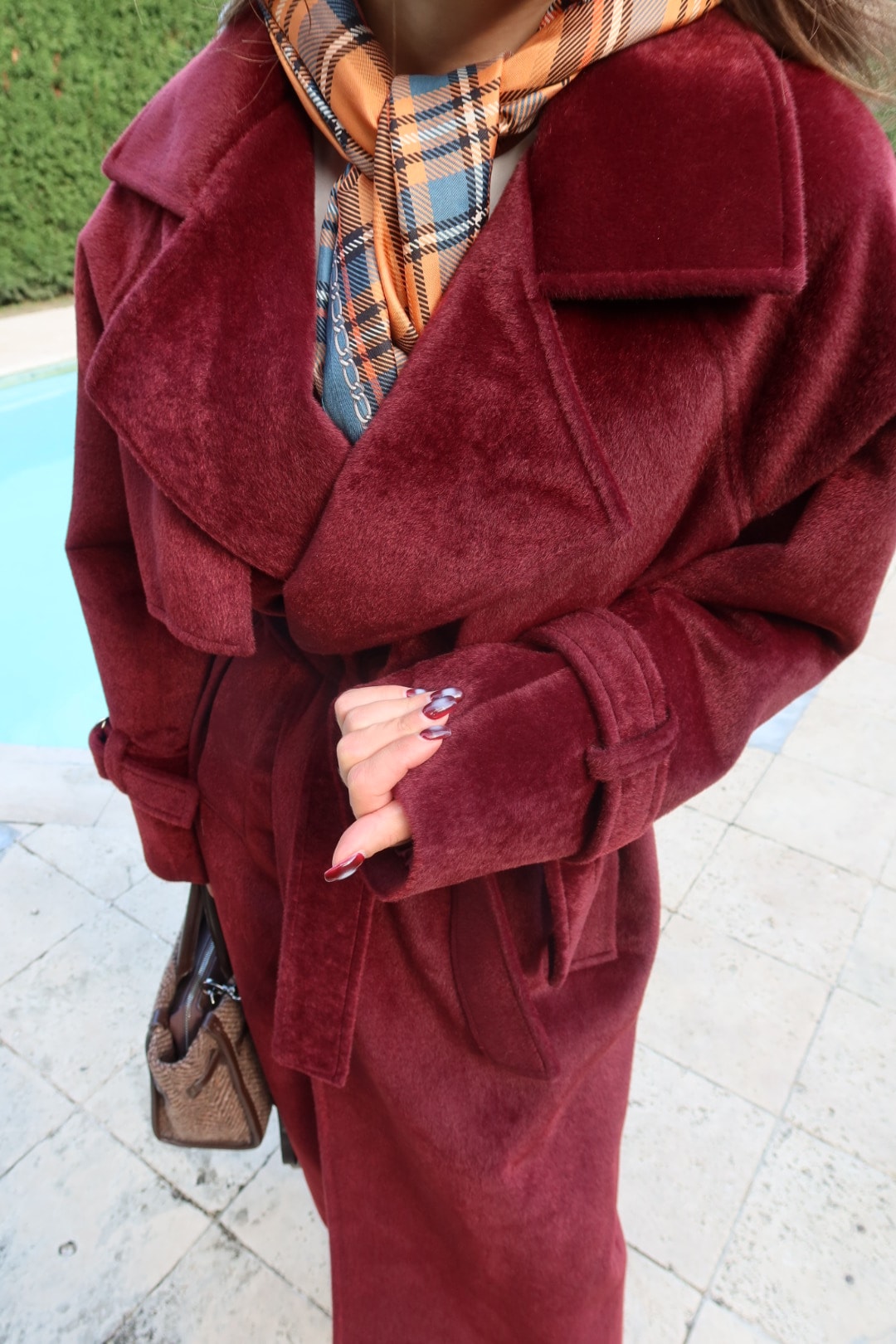 Bordo Premium Kendinden Kemerli Kaban