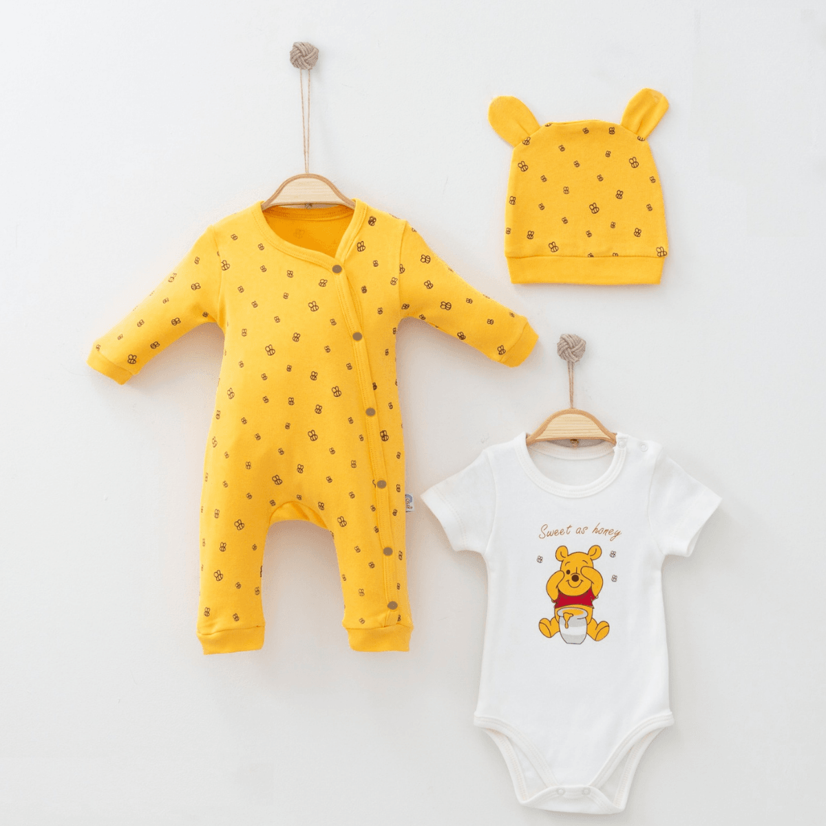 3'lü Ayıcık Desenli Bodyli Tulum Set (Hardal-Krem-Gri)