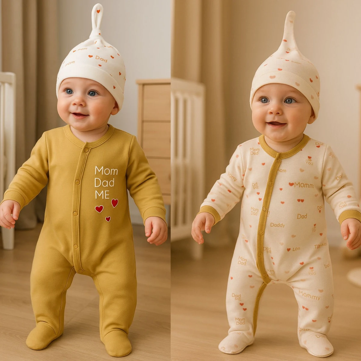 4'lü Mom Dad Sloganlı Hardal Tulum ve Şapka Set