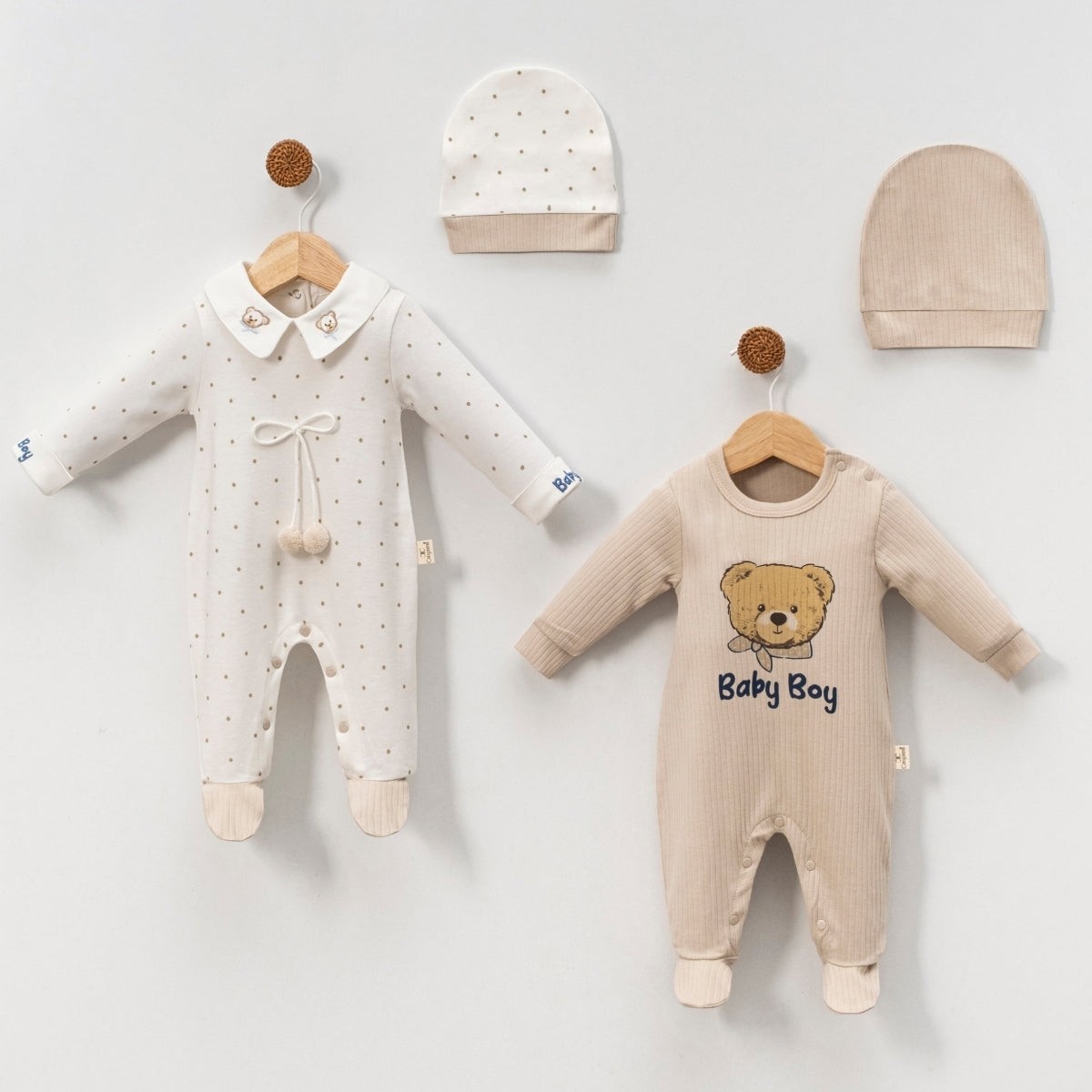 4'lü Erkek Bebek Baby Boy Tulum Set (Mavi-Bej)