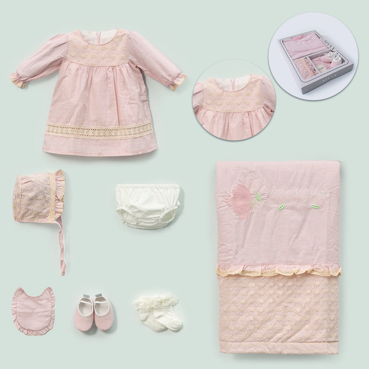 7'li Kız Bebek Lale Nakışlı Yazlık Hastane Çıkışı Set (Somon-Ekru)