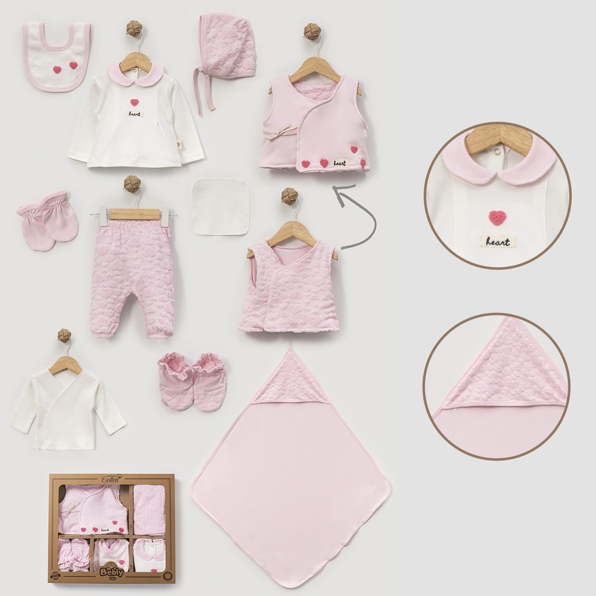 10'lu Kız Bebek Jakar Kalpli Penye Hastane Çıkışı Set (Pembe-Ekru-Gül Kurusu)