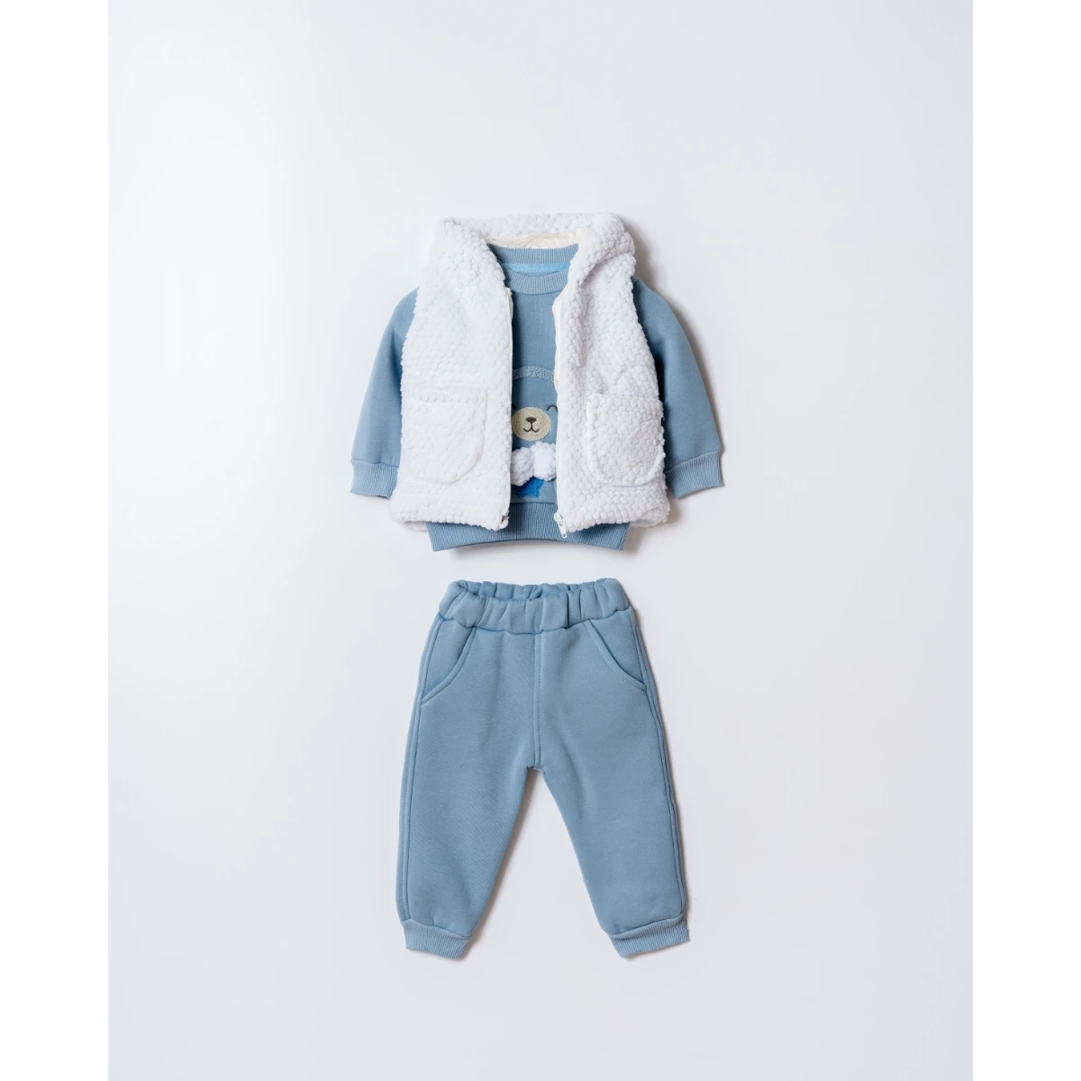 3'lü Erkek Bebek Wellsoft Kapüşonlu Yelekli Takım (Bej-Kahve-Mavi)