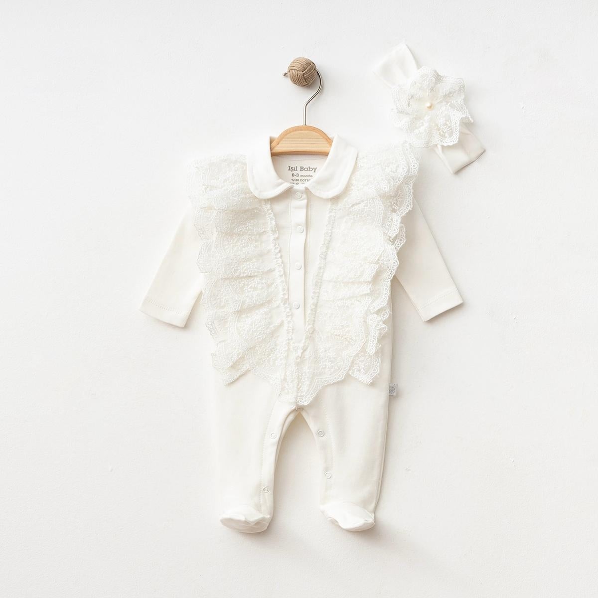 2'li Dantel Yakalı Kız Bebek Tulum ve Bandana Set (Ekru-Krem) 