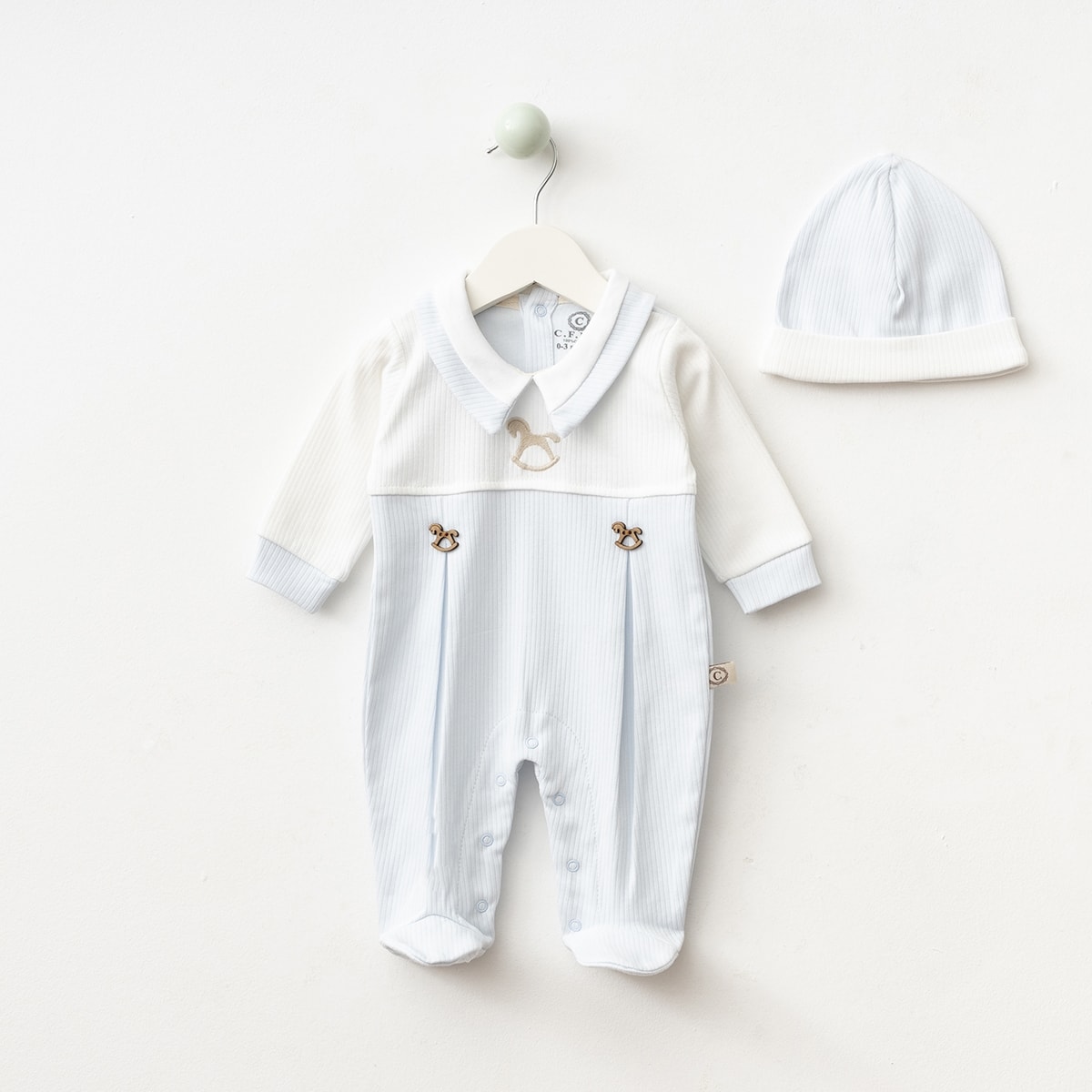 Erkek Bebek At Nakışlı Penye Bebe Mavisi Tulum