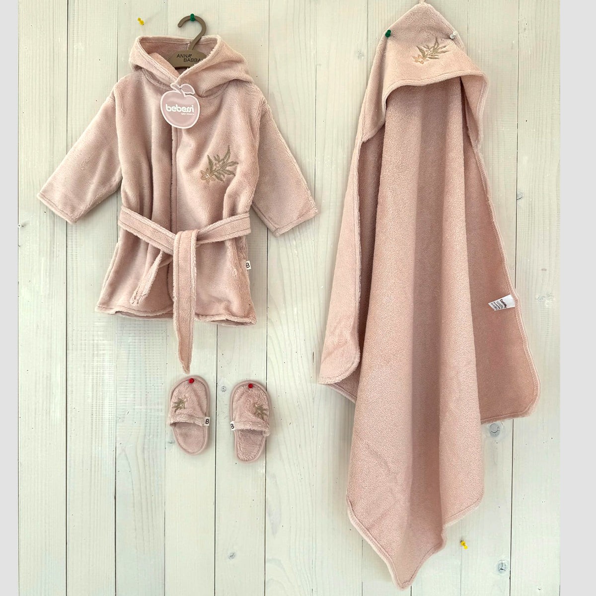 0-12 Ay Nakış İşlemeli Bornoz Set (Pembe-Pudra)