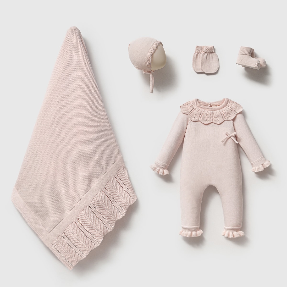 5'li Triko Kız Bebek Pearly Tulumlu Hastane Çıkışı (Krem-Pembe-Pudra)