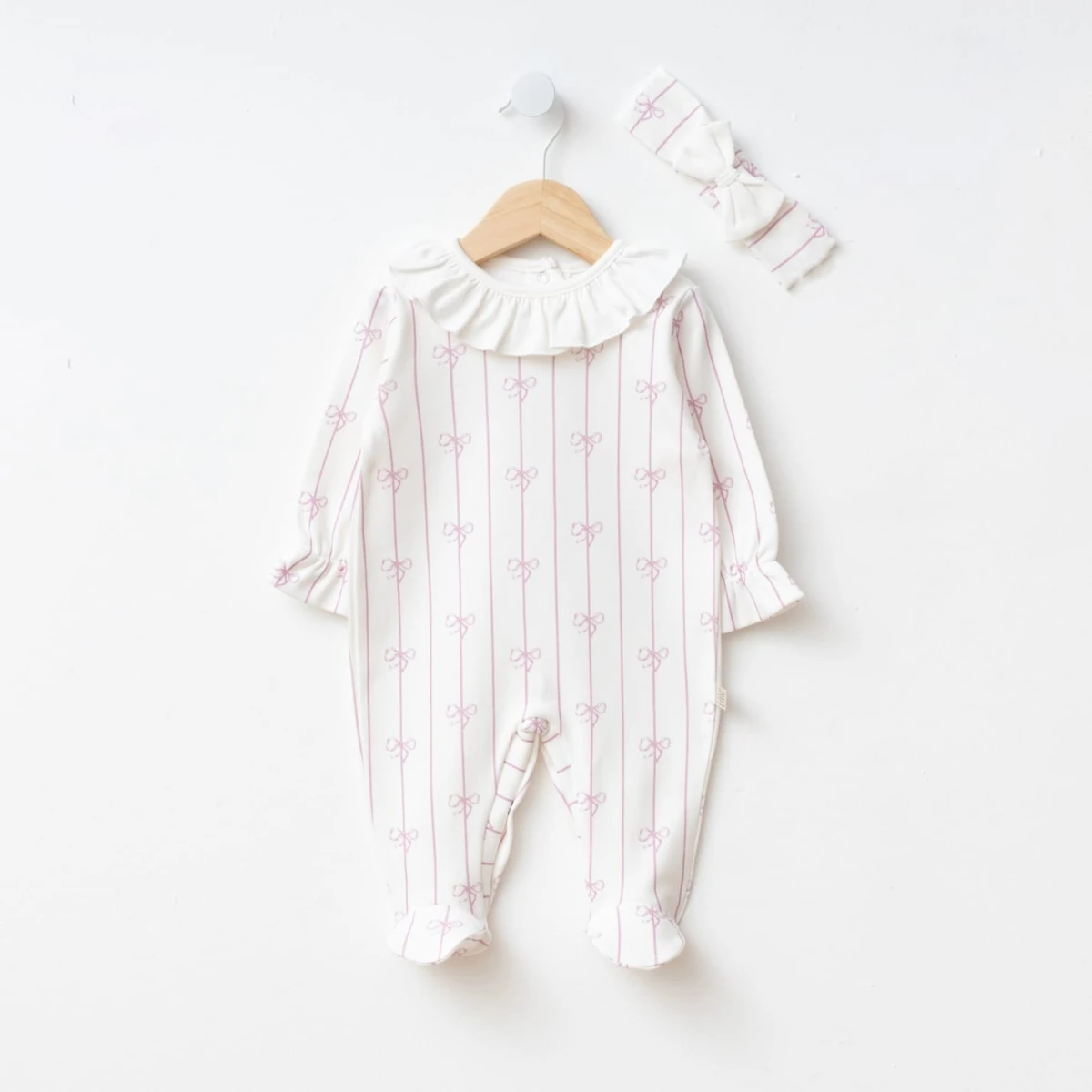 2'li Kız Bebek Fiyonk Desenli Tulum Bandana Set (Lila-Somon)