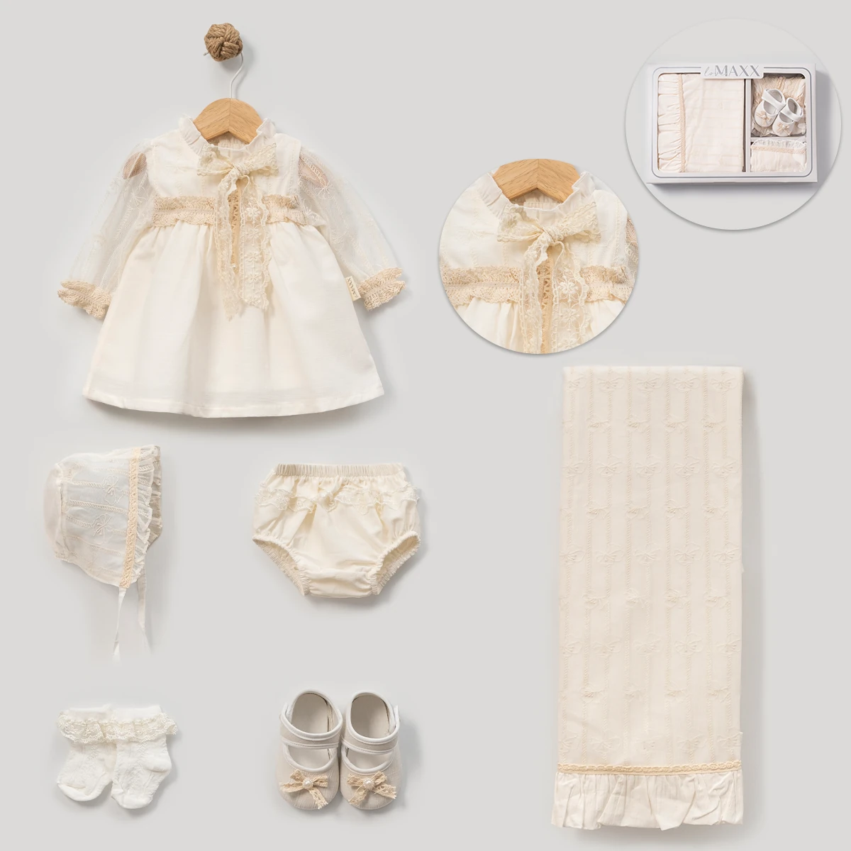 6'lı Kız Bebek Dantelli Elbiseli Hastane Çıkışı Set