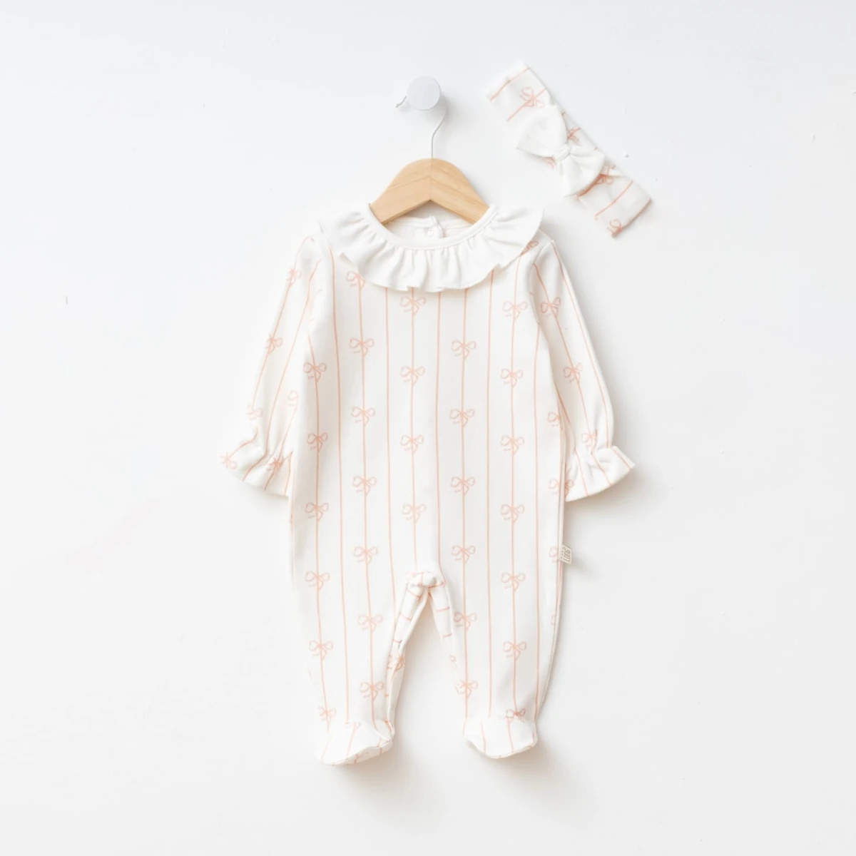 2'li Kız Bebek Fiyonk Desenli Tulum Bandana Set (Lila-Somon)