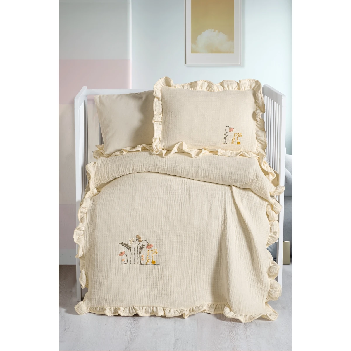 4'lü 4 Kat Müslin El İşi Nakış İşlemeli Nevresim Takımı - Krem