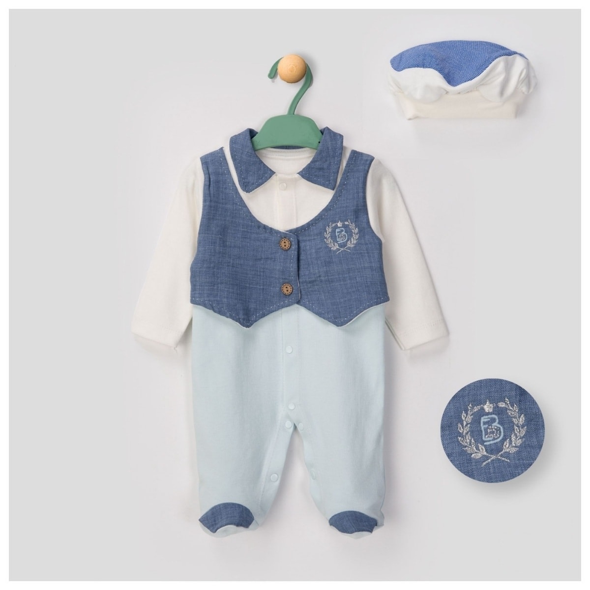 2'li Erkek Bebek Yelekli Tulum Şapka Set (Kahve-Mavi)
