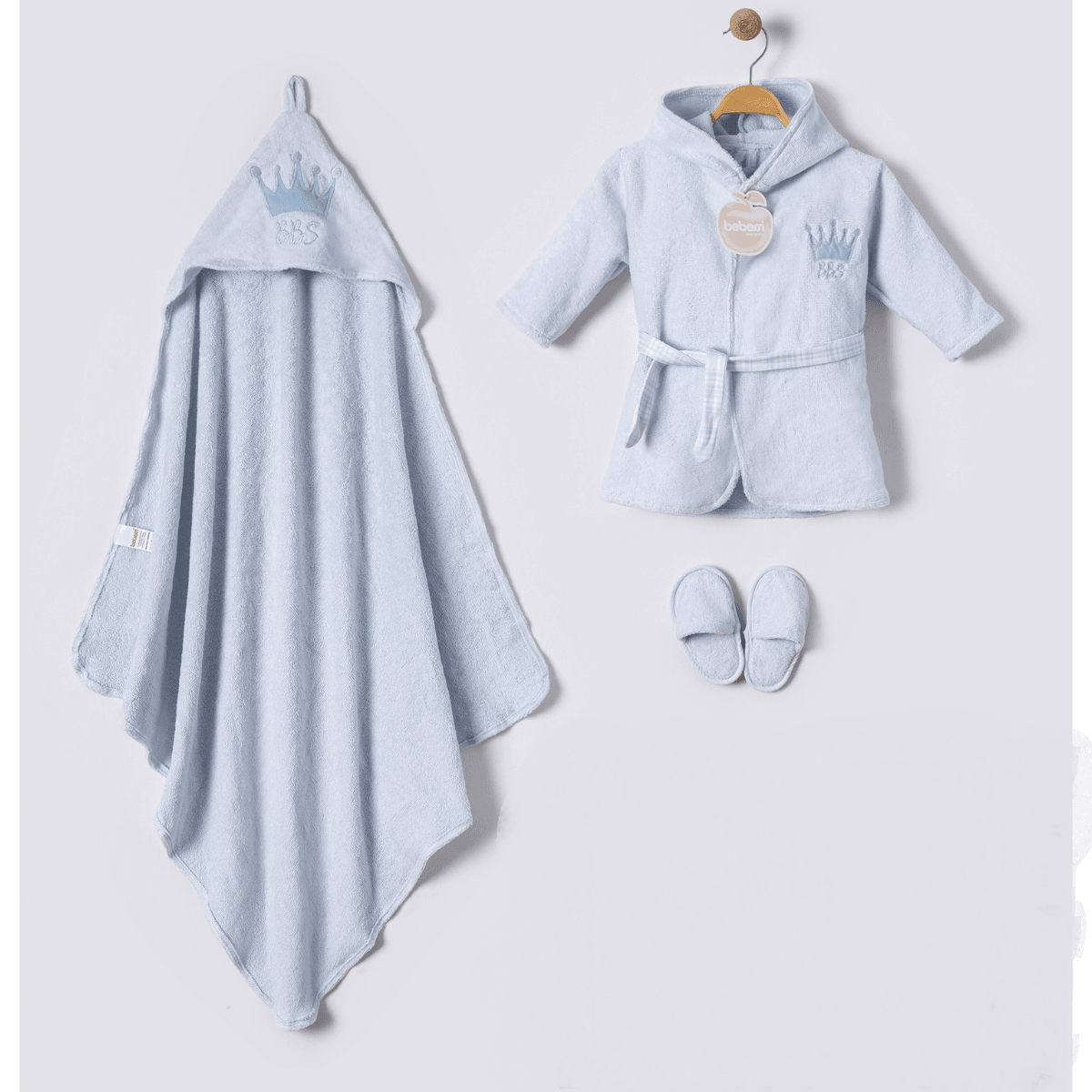 Erkek Bebek Baby King 0-12 Ay Nakış İşlemeli Bornoz Set (Ekru-Bej-Mavi)