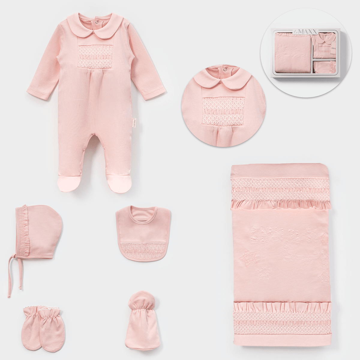 5'li Kız Bebek Born To Be Tulumlu Hastane Çıkışı Set (Pembe-Somon-Ekru)