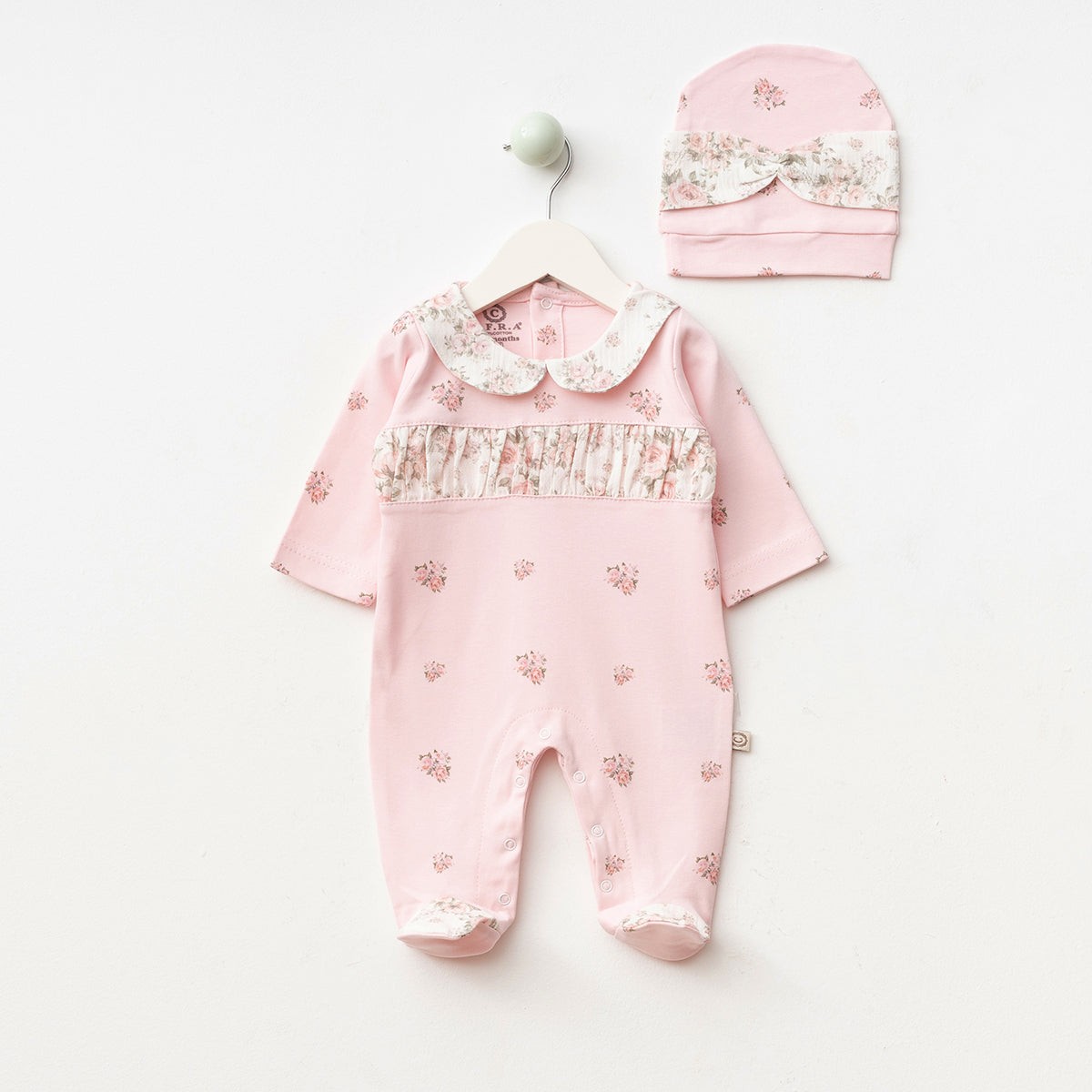 2'li Kız Bebek Yakalı Penye Tulum ve Şapka Set (Pembe-Ekru-Krem)